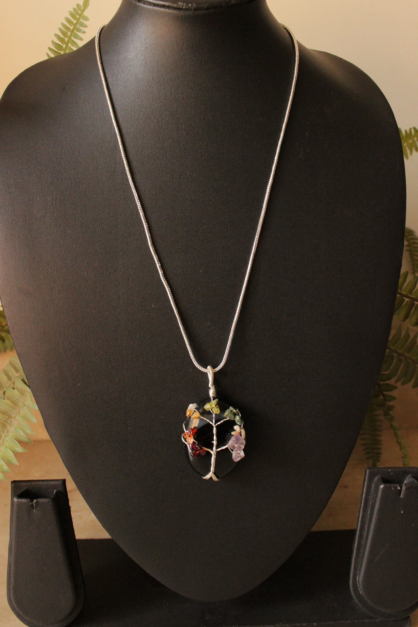 7 Chakra Tree of Life Natural Stone Beads Wrapped on Black Natural Gemstone Pendant Brass Chain Necklace