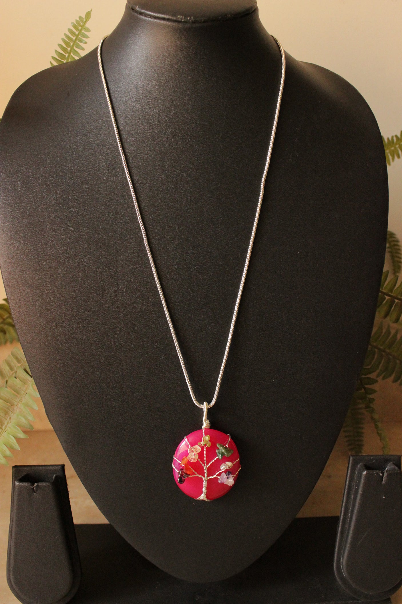 7 Chakra Tree of Life Natural Stone Beads Wrapped on Pink Natural Gemstone Pendant Brass Chain Necklace