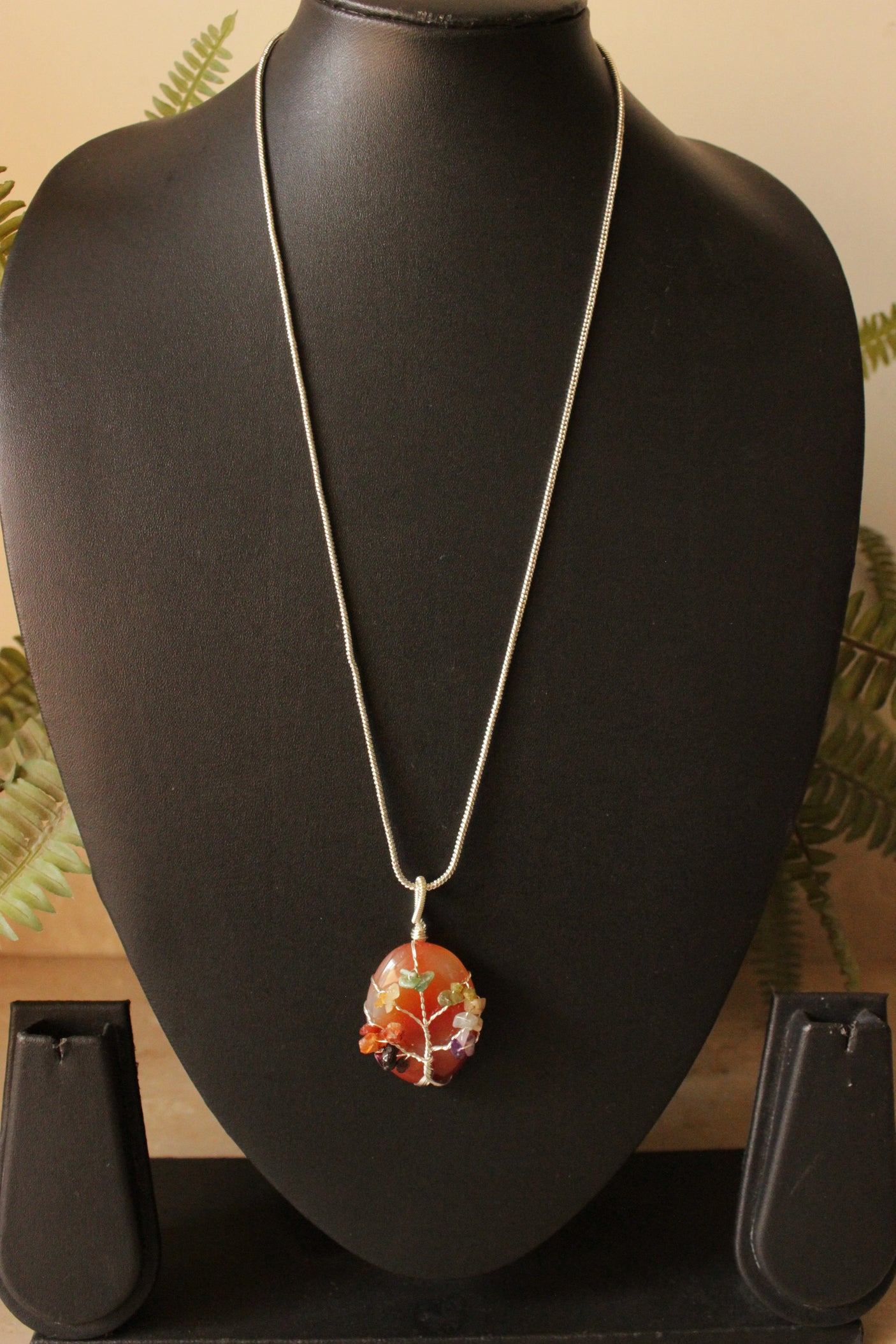 7 Chakra Tree of Life Natural Stone Beads Wrapped on Sun-Burnt Red Natural Gemstone Pendant Brass Chain Necklace