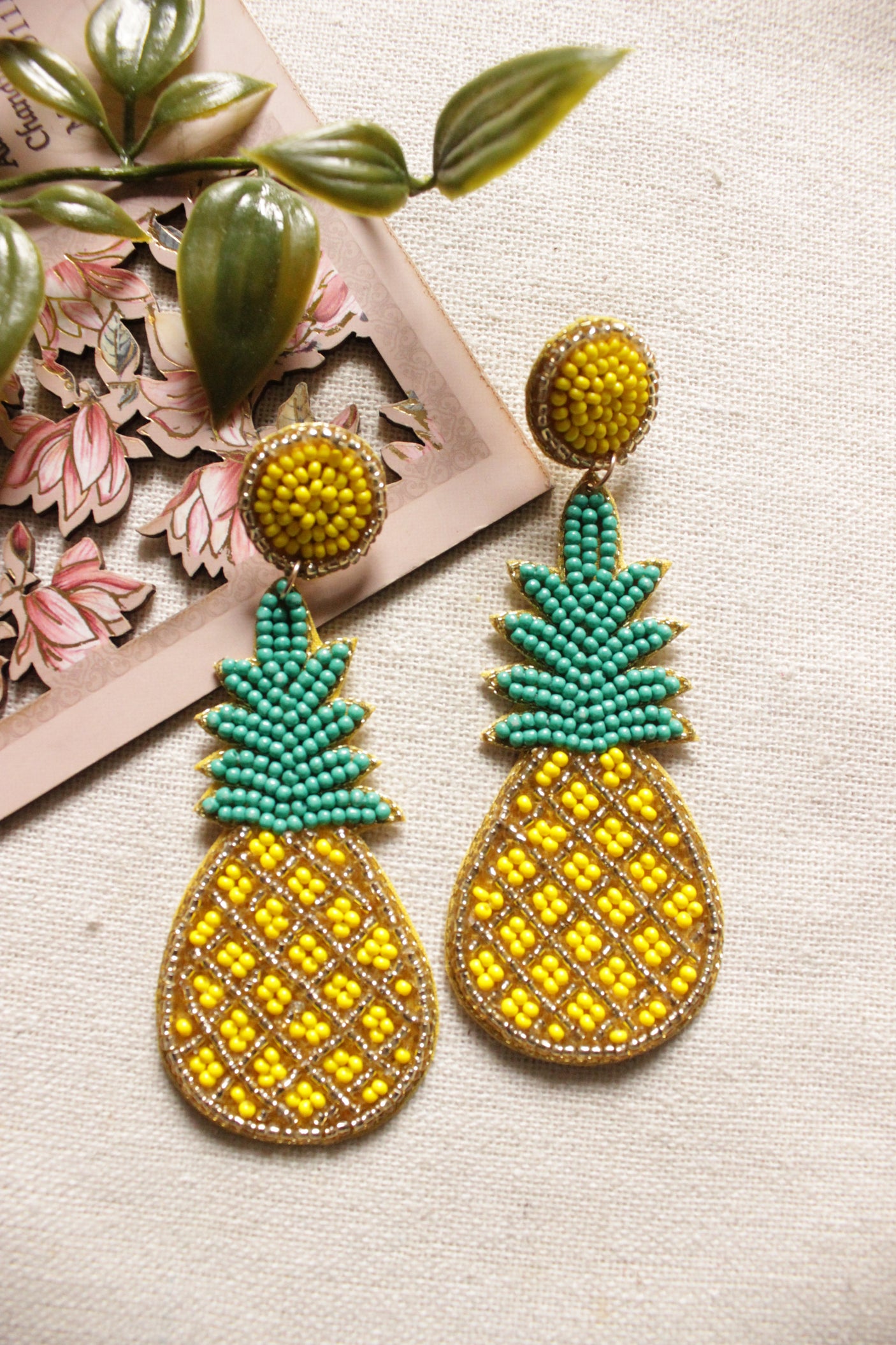 Turquoise and Yellow Handmade Pineapple Shape Beaded Fruit Earrings