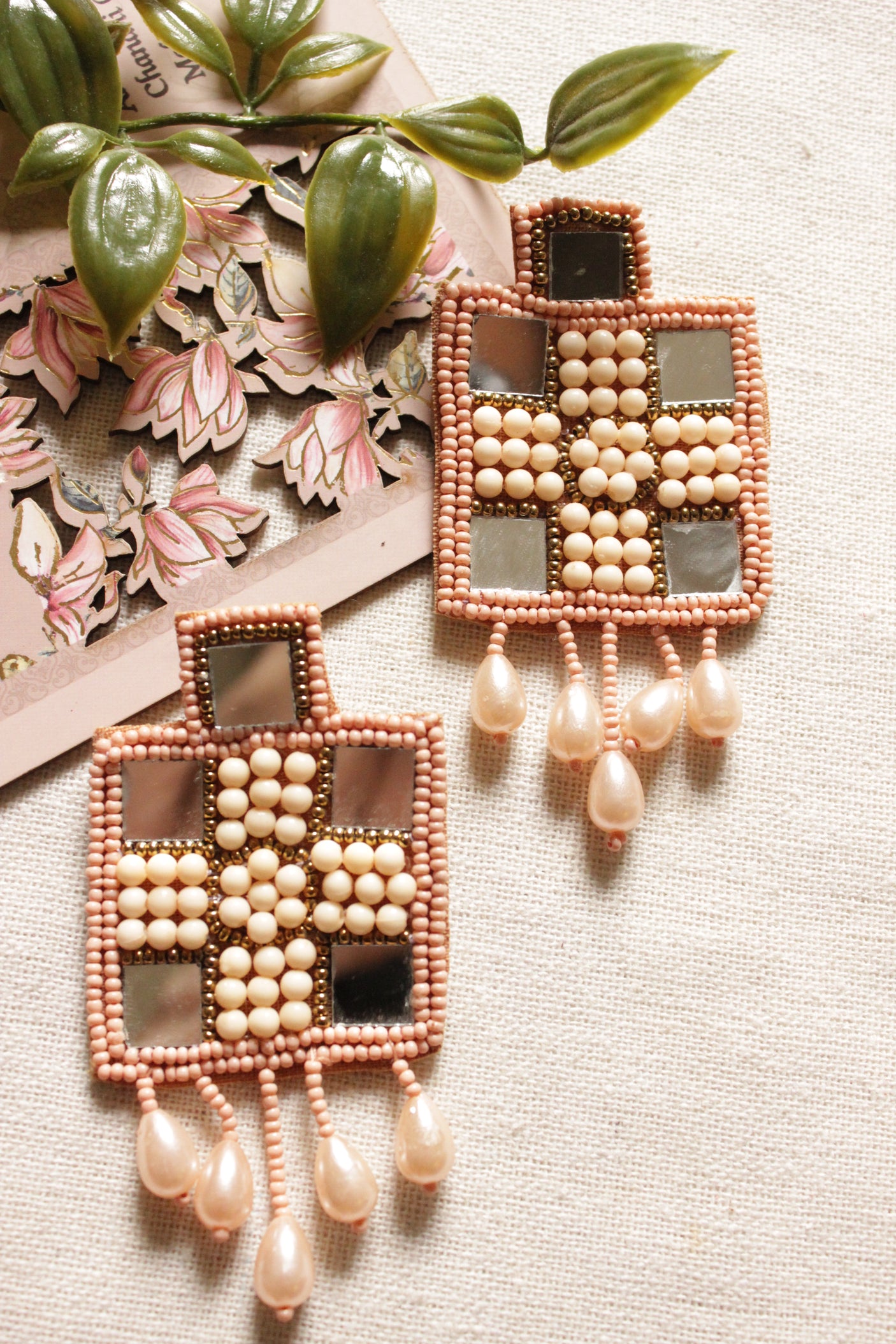 Mirror Work Peach and Off-White Handmade Elegant Square Beaded Earrings