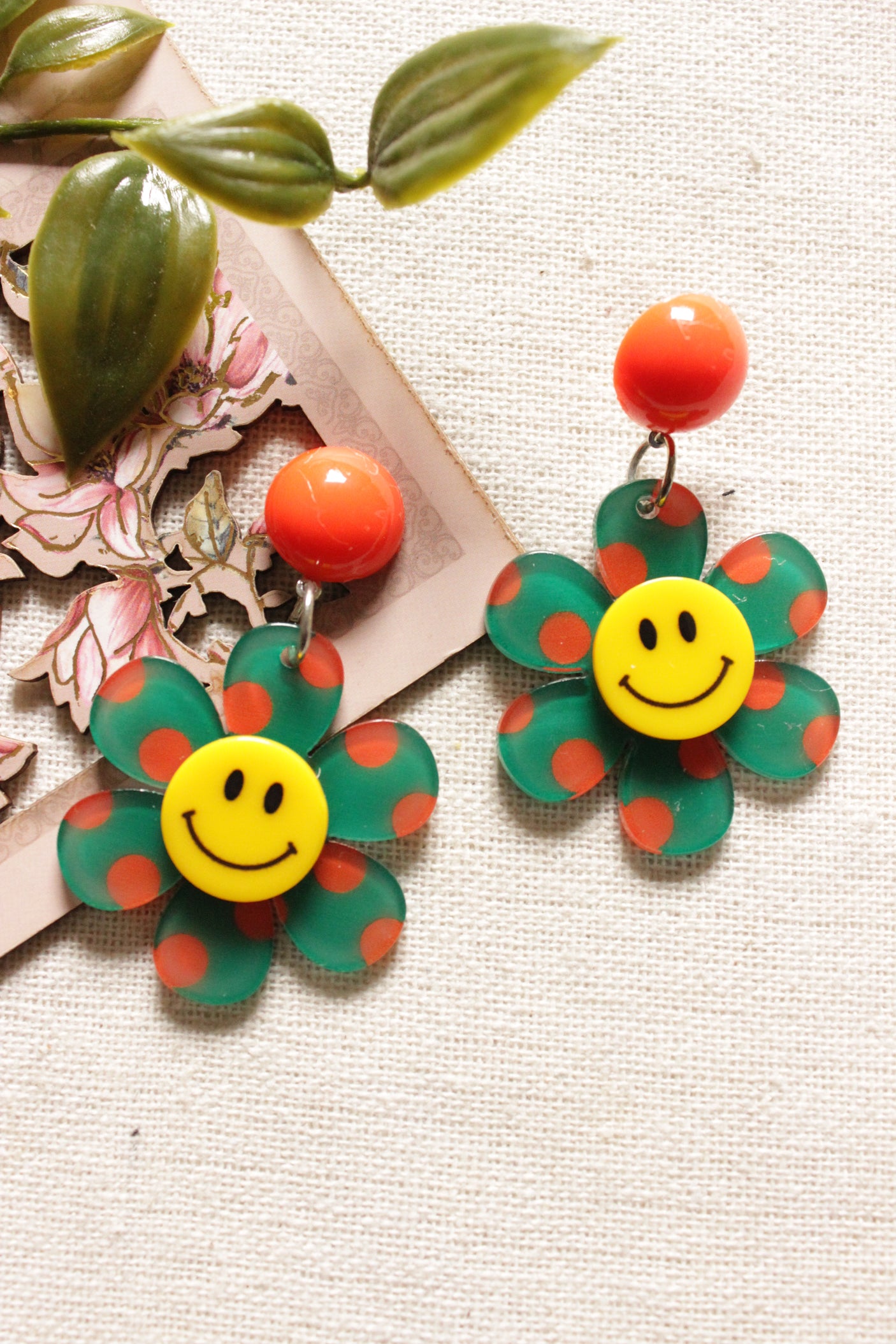 Green and Yellow Smiley Flower Acrylic Earrings