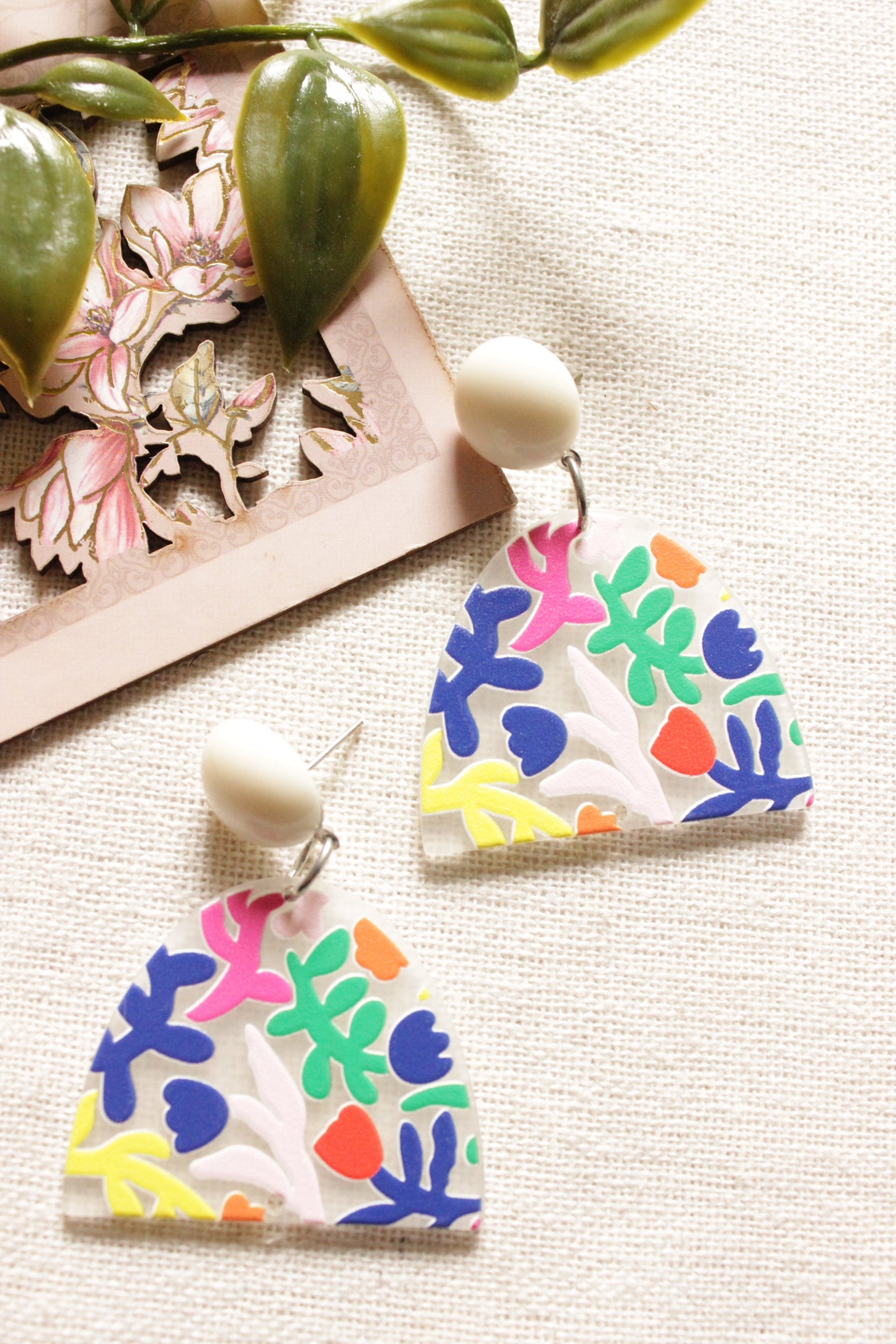 Flower and Leaves Printed Semi-Circular Acrylic Earrings