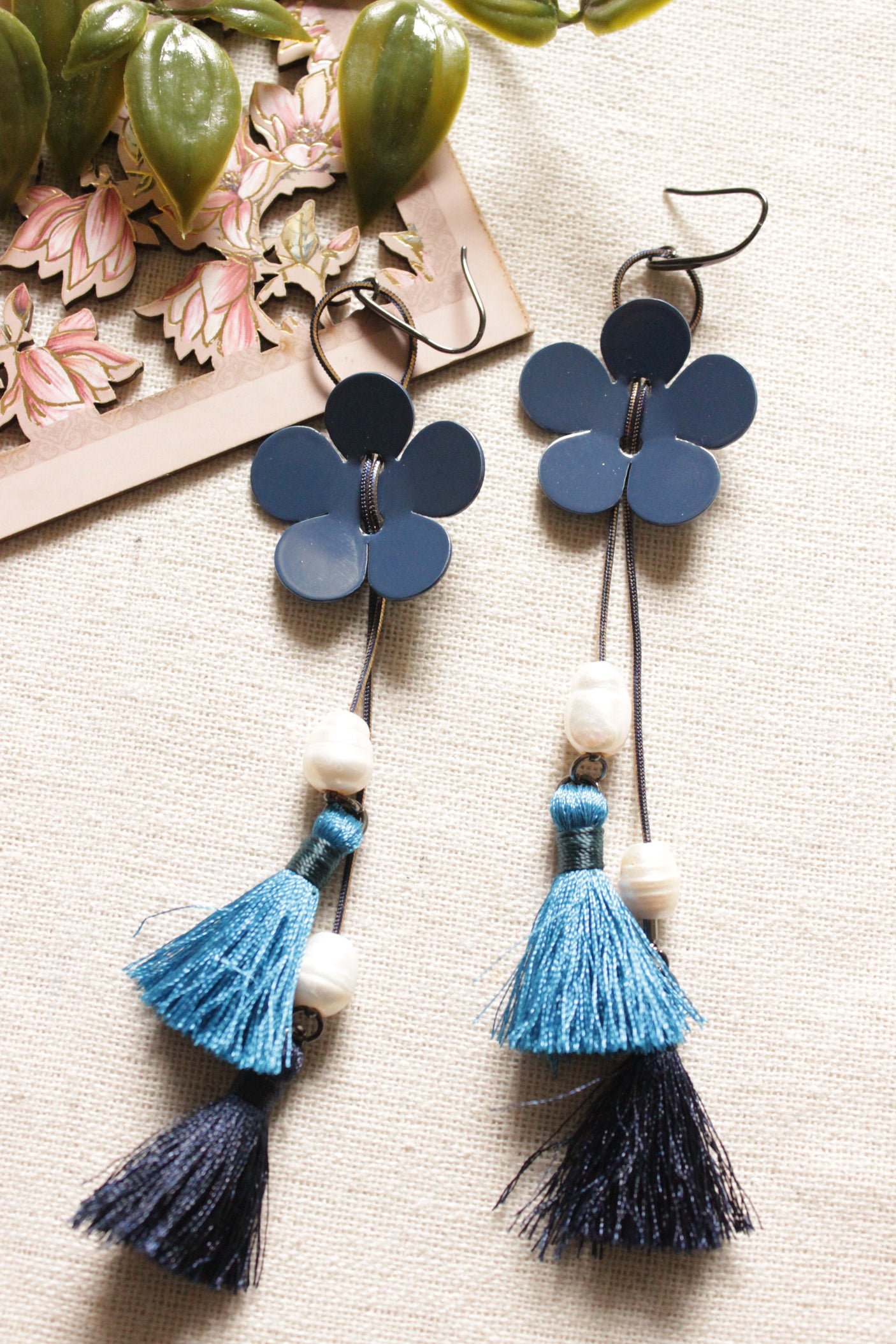 Flower Motif Pom-Pom Embellished Handmade Dangler Earrings