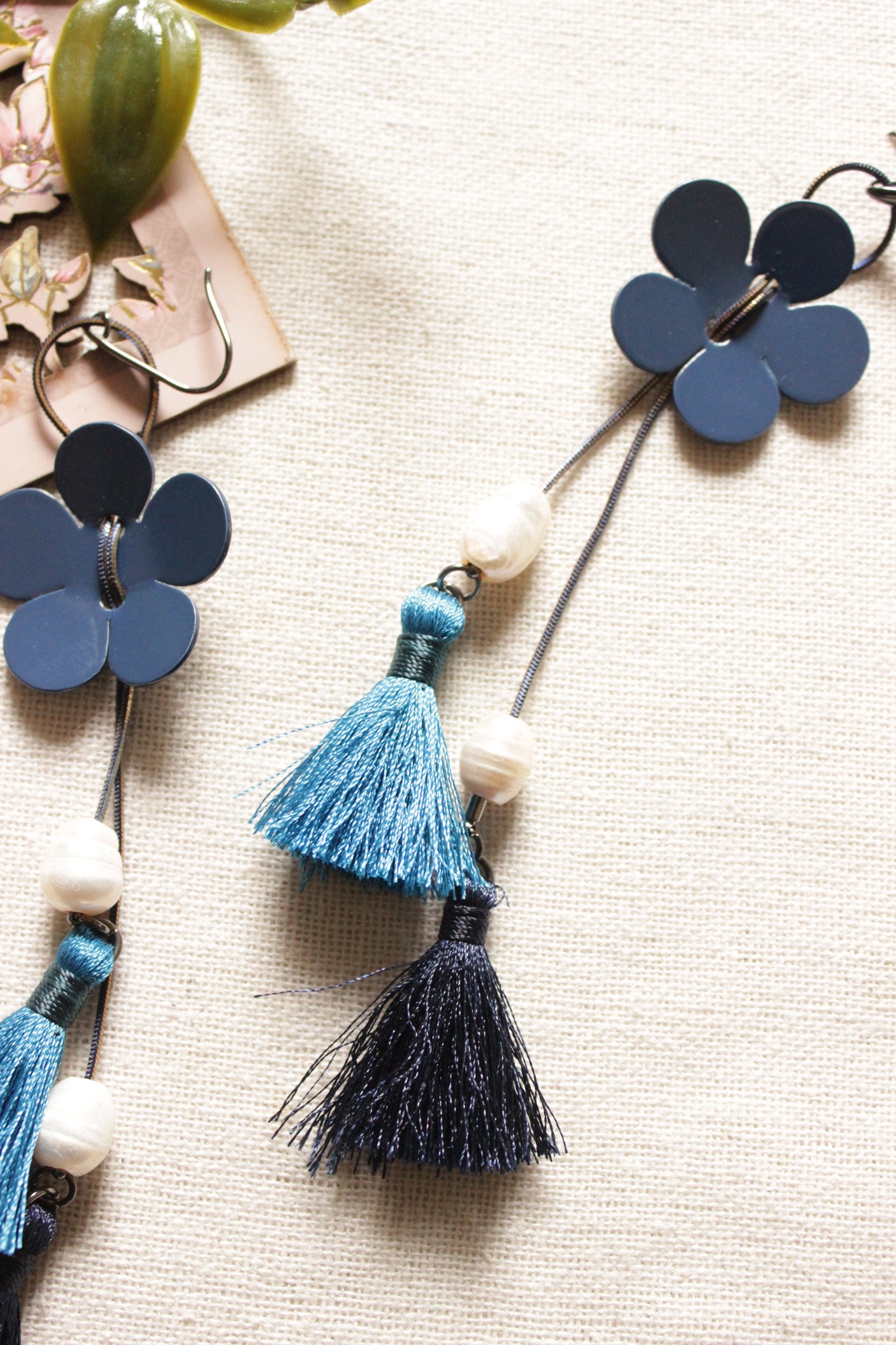 Flower Motif Pom-Pom Embellished Handmade Dangler Earrings