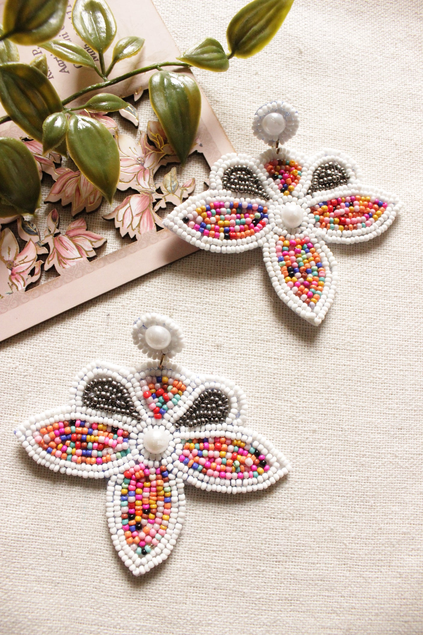 White and Multi-Color Flower Shape Handmade Beaded Earrings