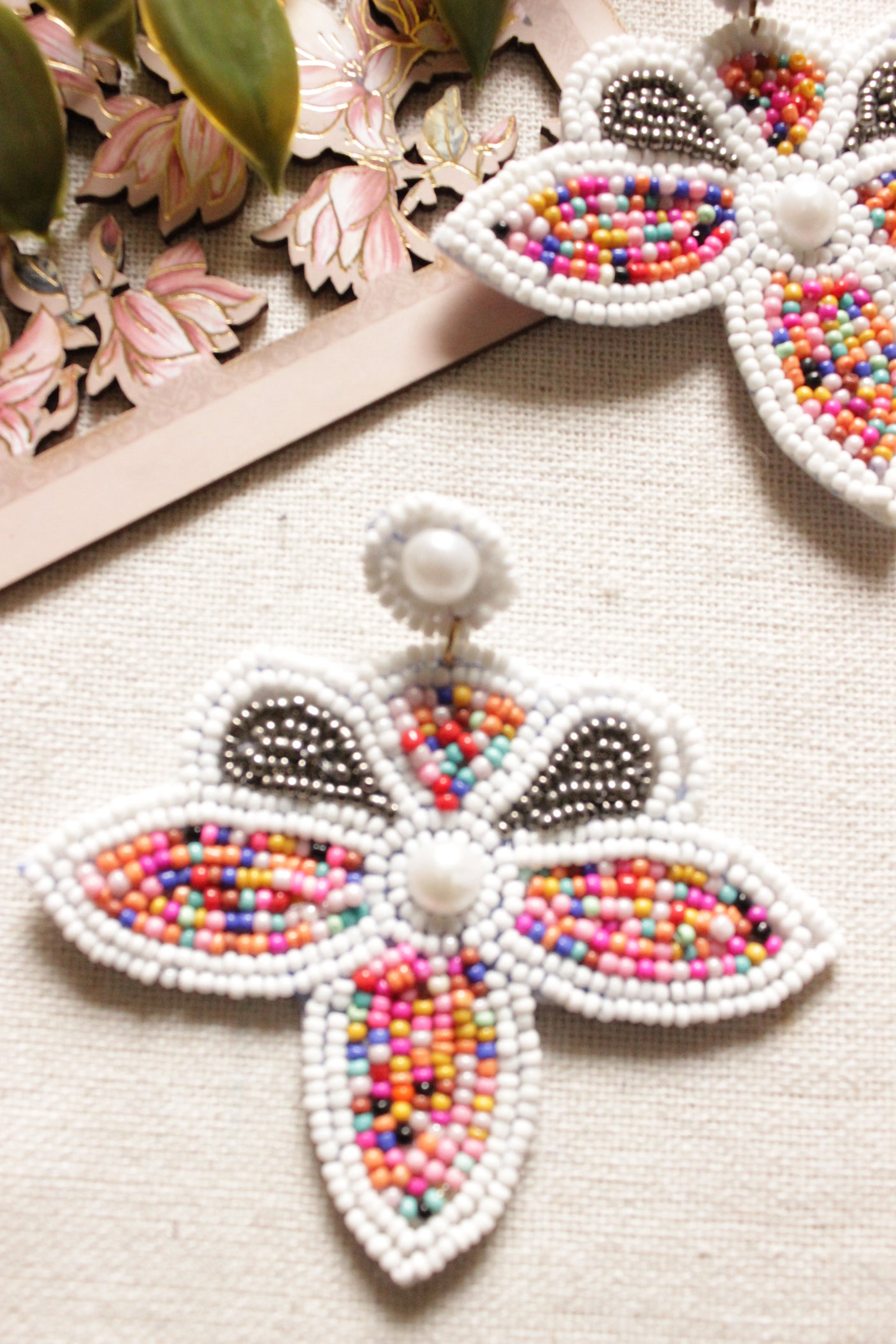 White and Multi-Color Flower Shape Handmade Beaded Earrings