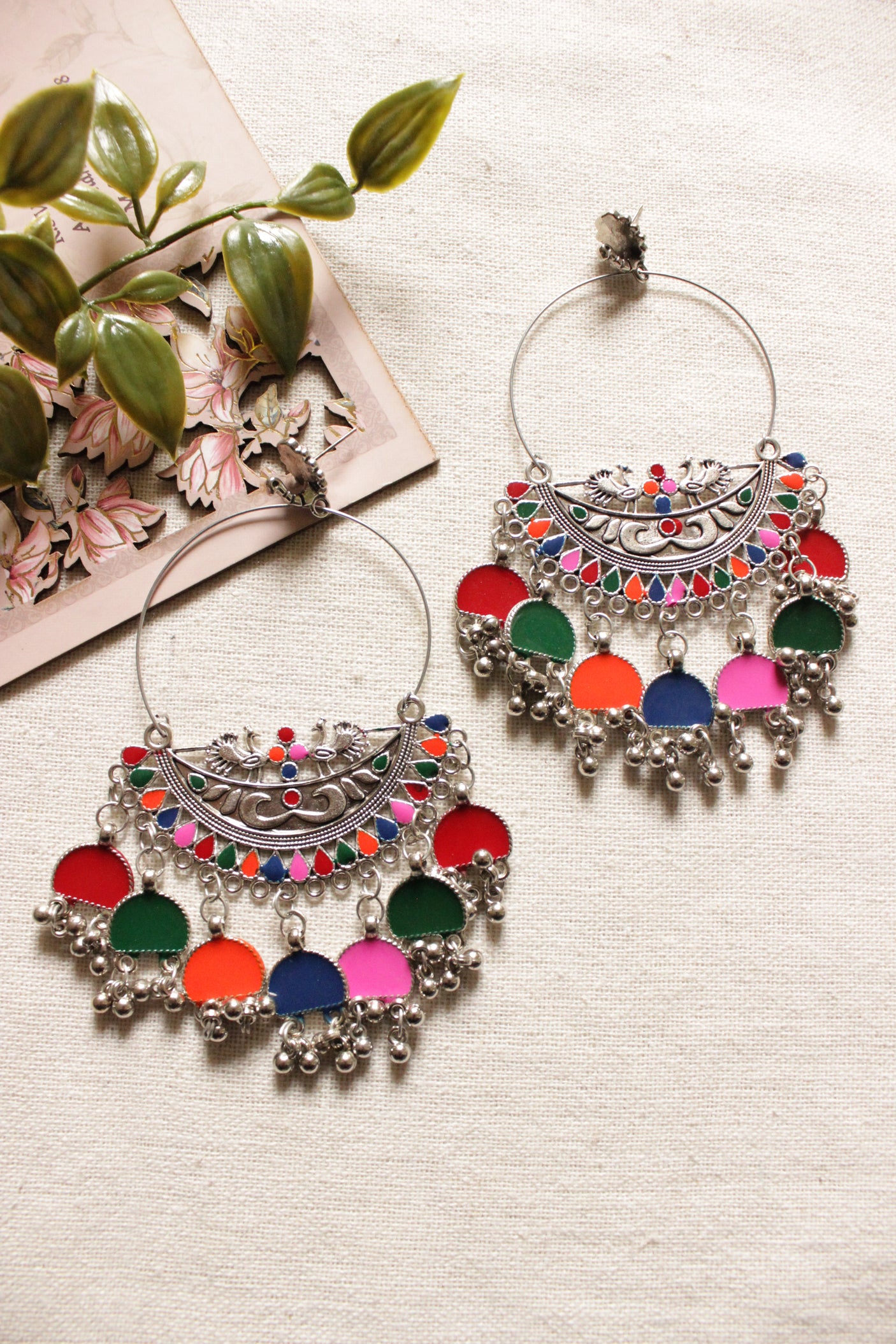 Peacock Motif Oxidised Finish Multi-Color Enamel Painted Afghani Chandbali Earrings