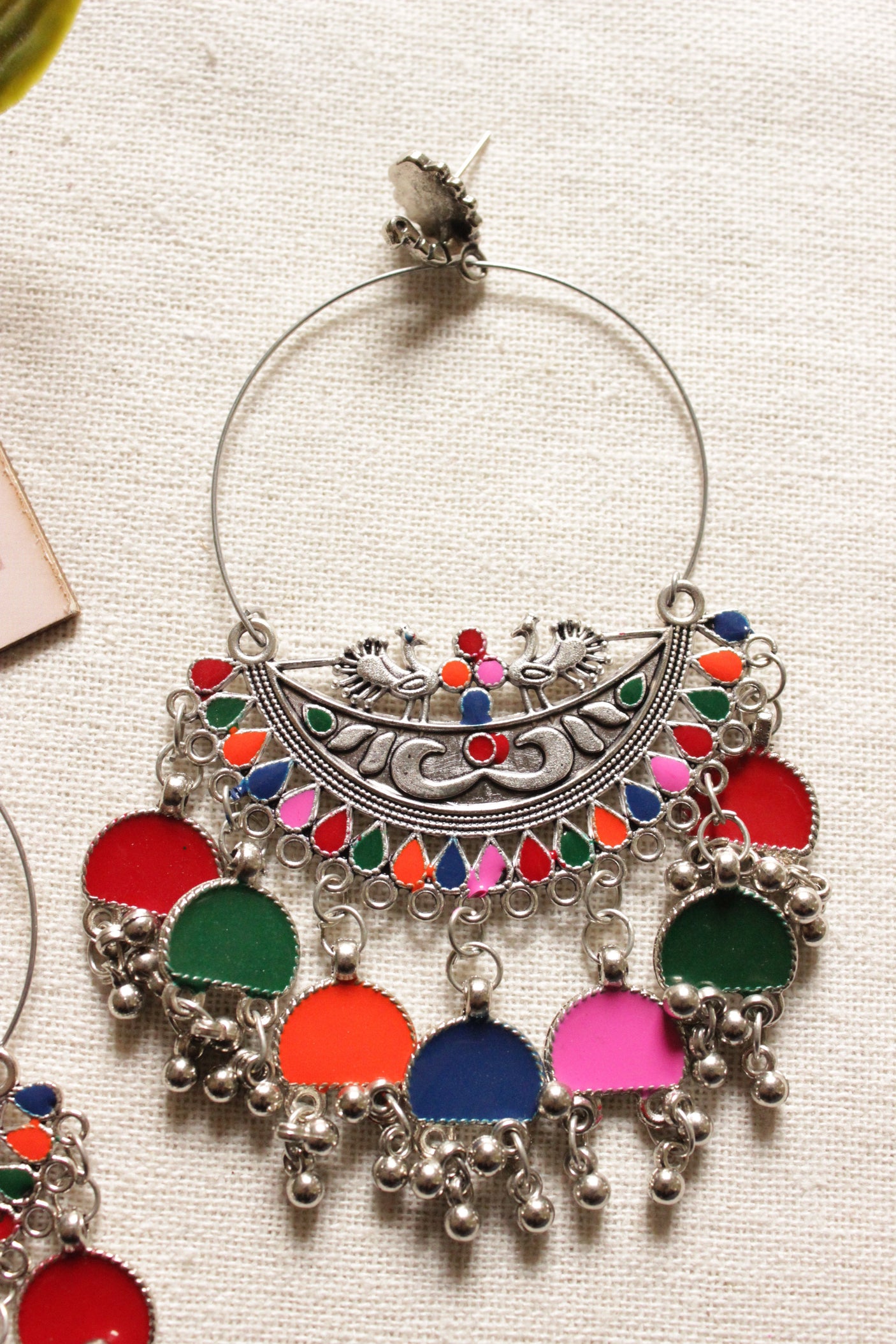 Peacock Motif Oxidised Finish Multi-Color Enamel Painted Afghani Chandbali Earrings