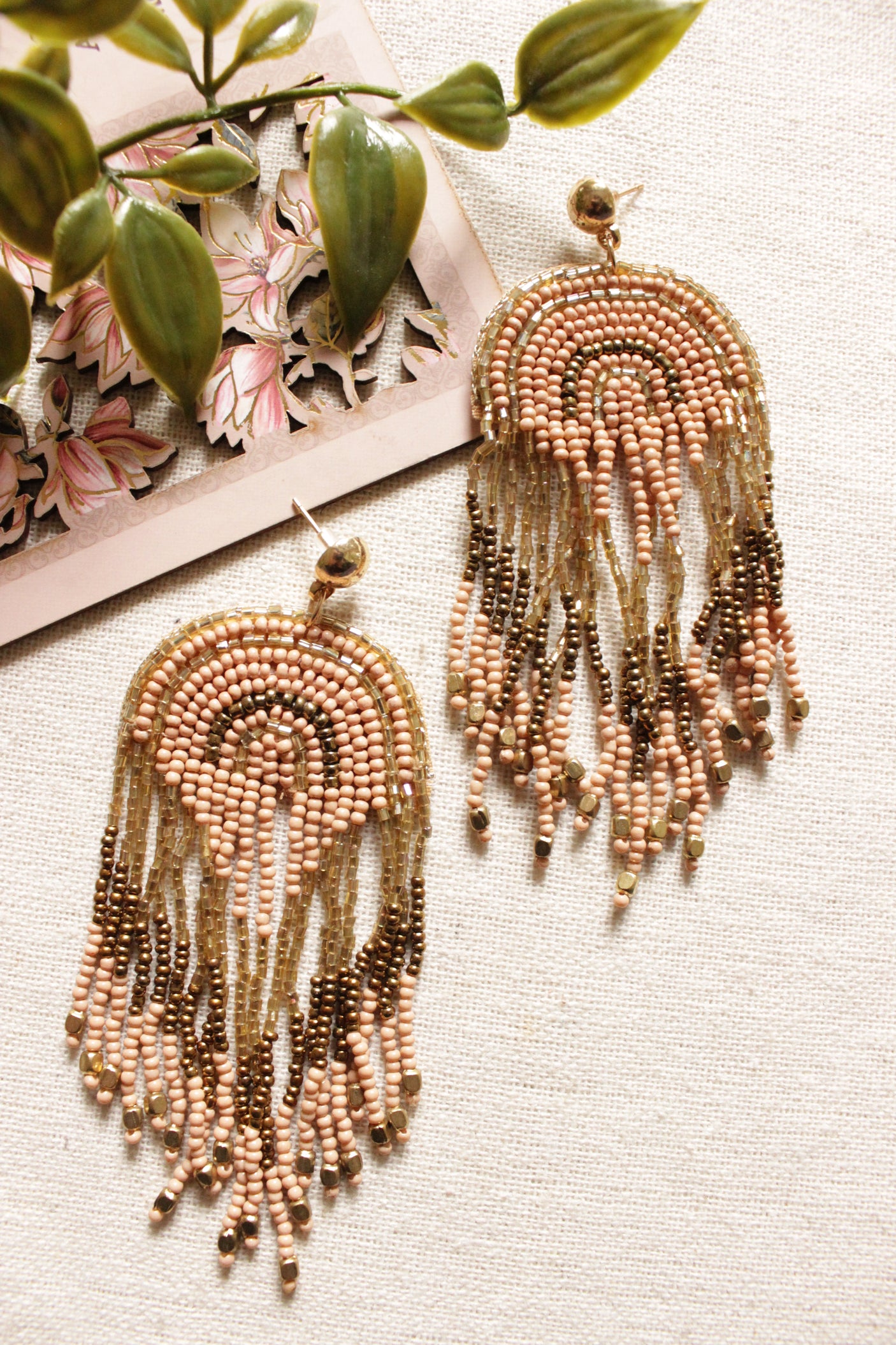 Peach and Brown Semi-Circular Dangler Handmade Beaded Earrings