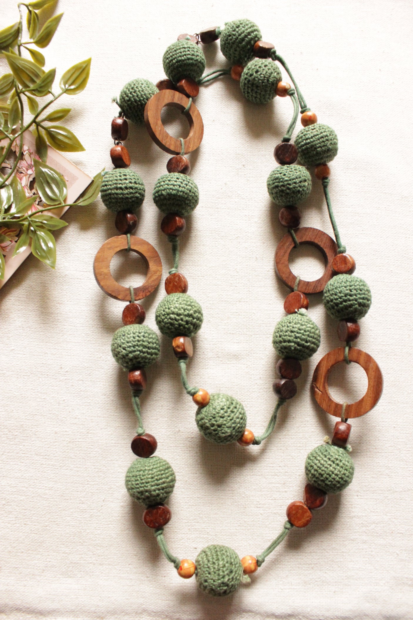 Fabric Balls and Wooden Charms Braided Handmade 2-Layer Necklace