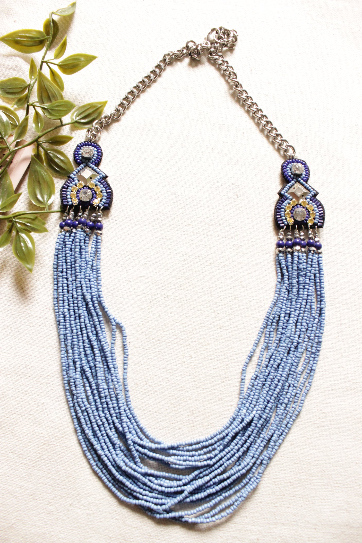 Multi-Layer Shades of Blue Beads Handmade Chain Closure Necklace