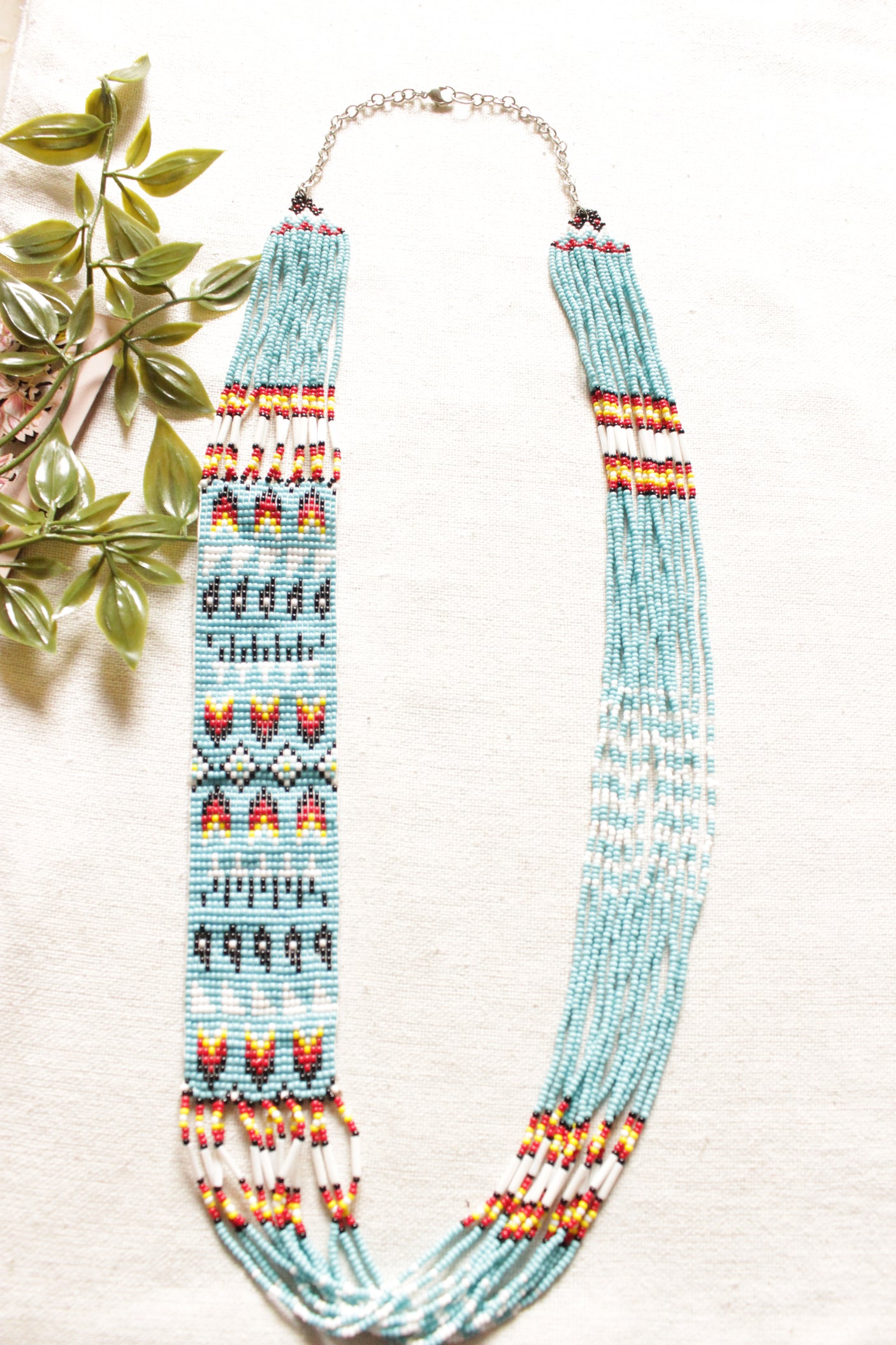 Handmade Seed Beads Shades of Blue and Red Multi-Layer Beaded Necklace