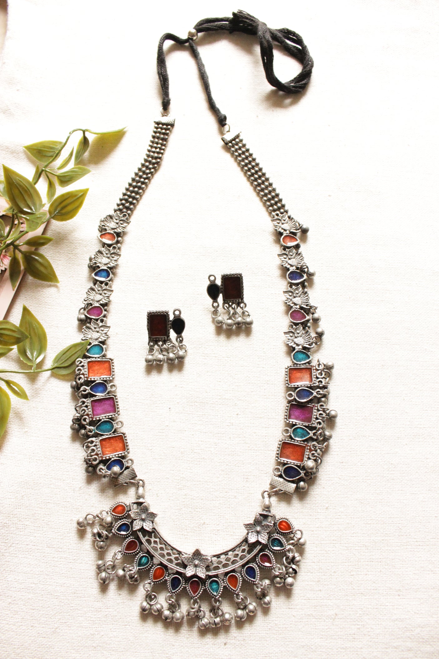 Orange and Pink Enamel Painted Oxidised Finish Long Afghani Necklace Set