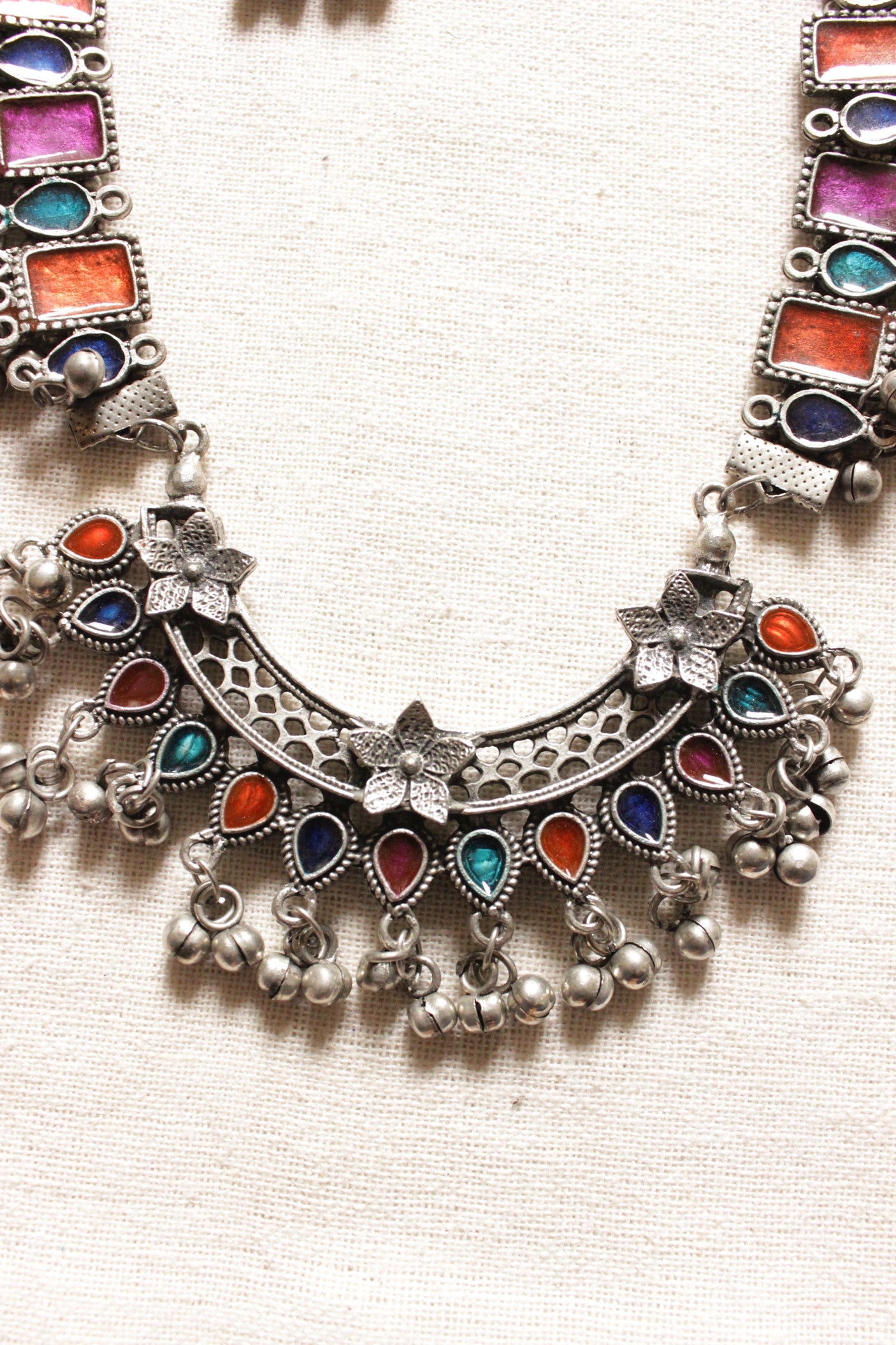 Orange and Pink Enamel Painted Oxidised Finish Long Afghani Necklace Set