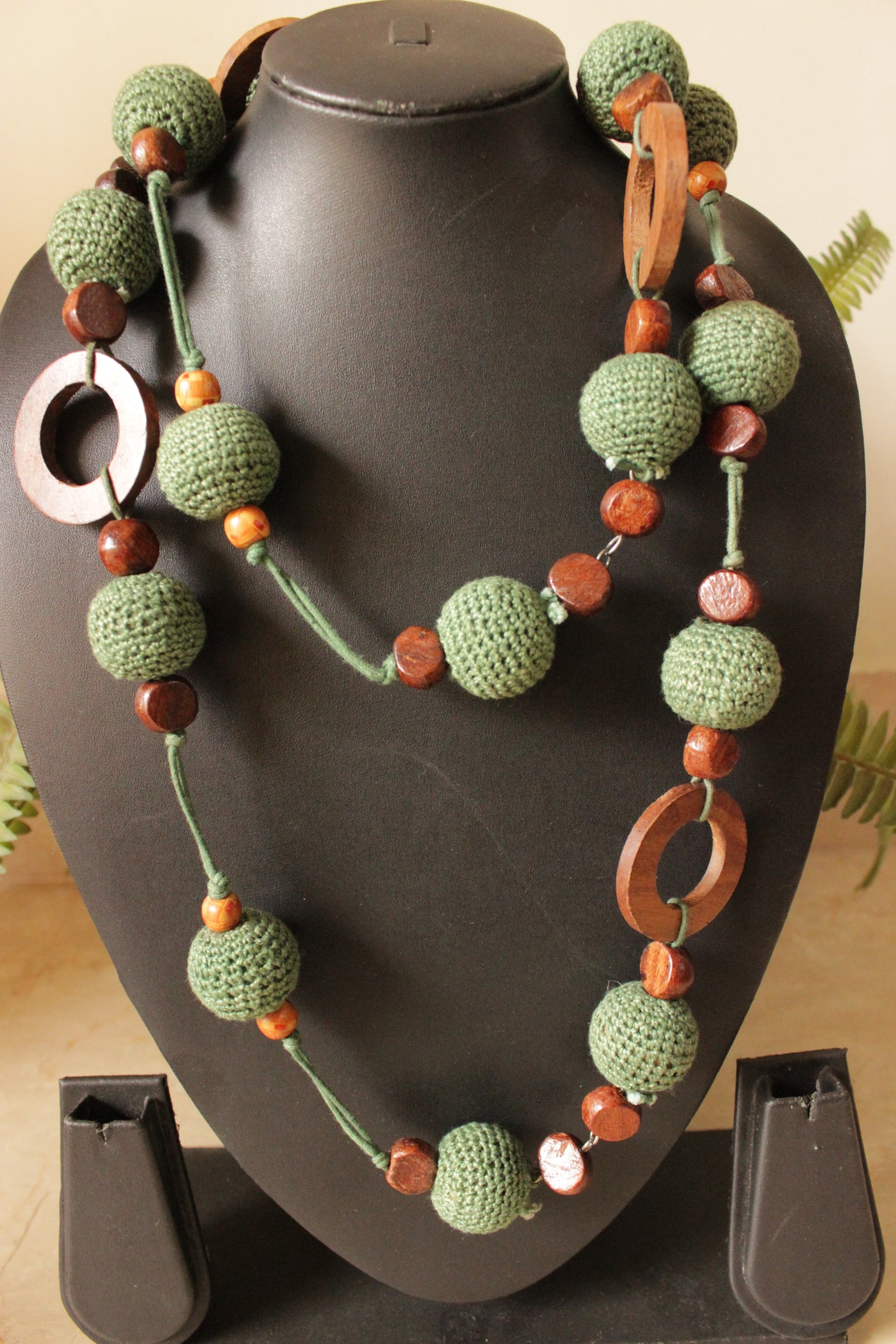 Fabric Balls and Wooden Charms Braided Handmade 2-Layer Necklace