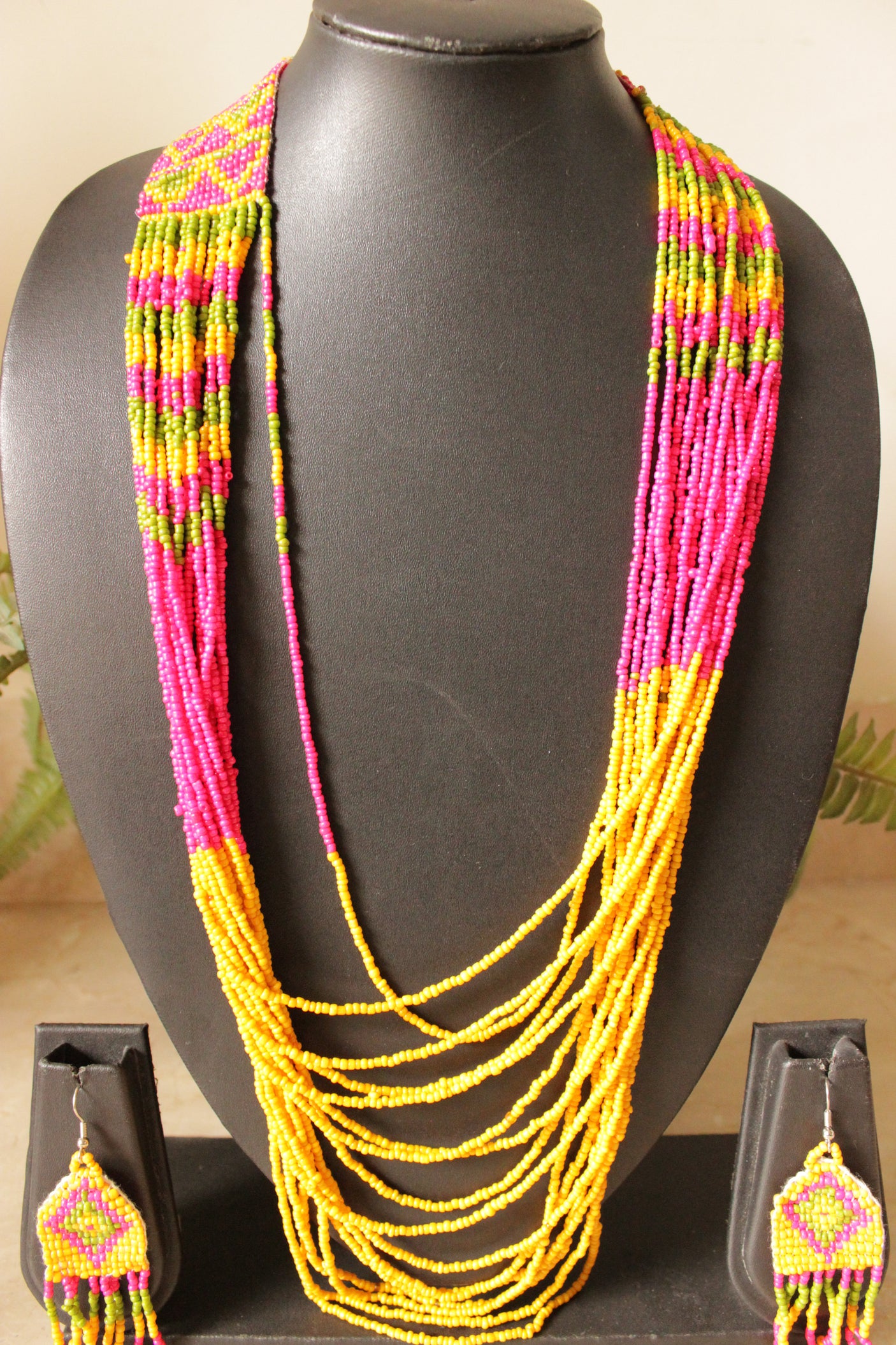 Yellow and Pink Multi-Layer Hand Braided Vibrant Beaded Necklace Set