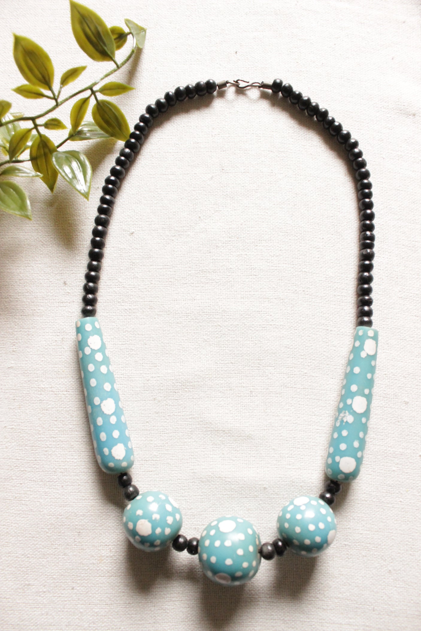 Blue and Black Wooden Beads Hand Painted Necklace