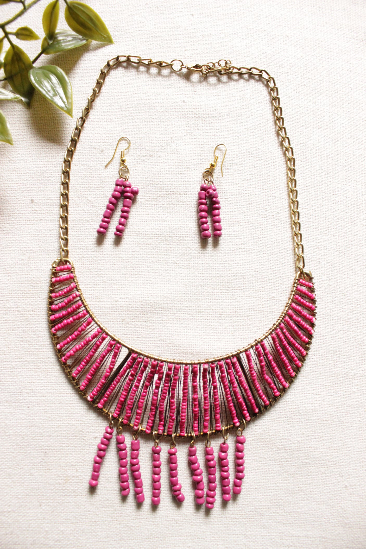 Pink Beads Handmade Gold Toned Adjustable Length Hasli Style Necklace Set