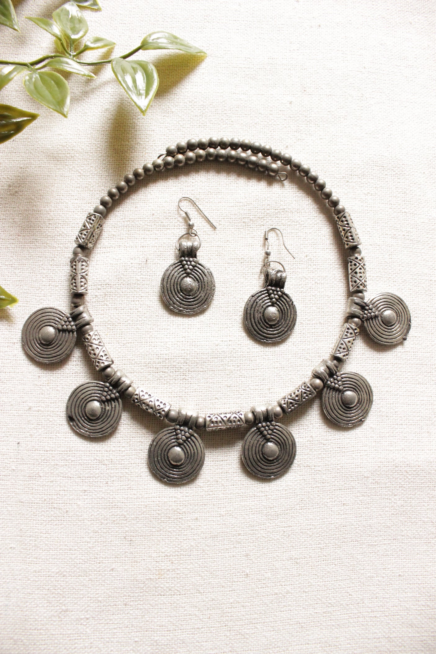 Spiral Metal Charms Embellished Oxidised Silver Finish Choker Necklace