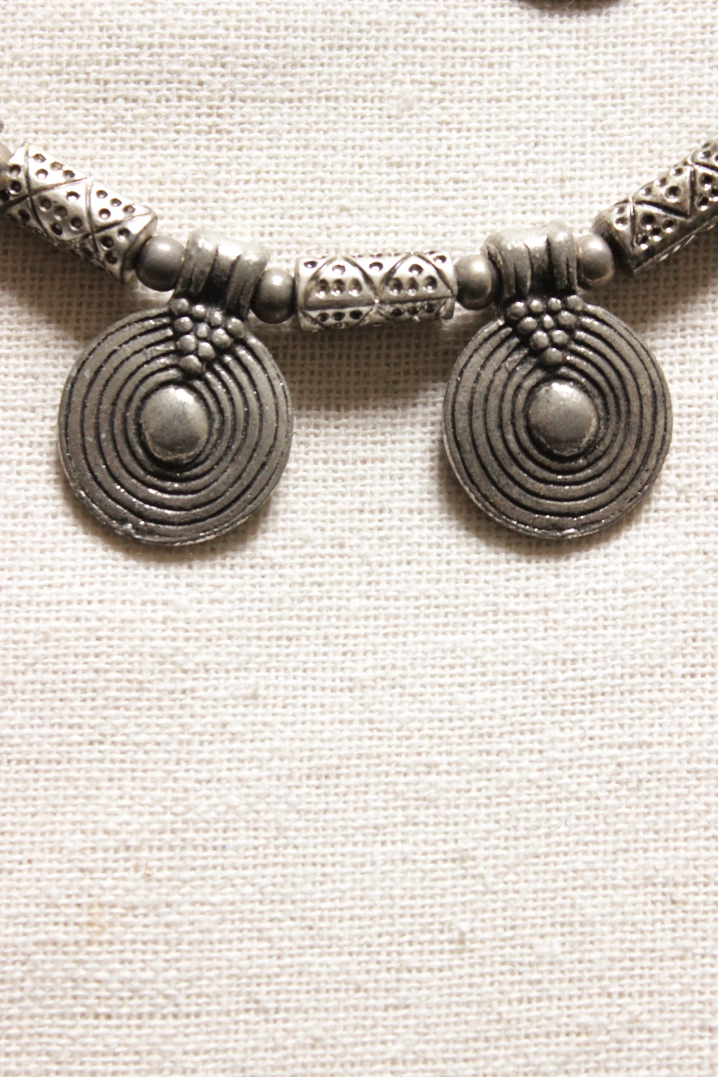 Spiral Metal Charms Embellished Oxidised Silver Finish Choker Necklace