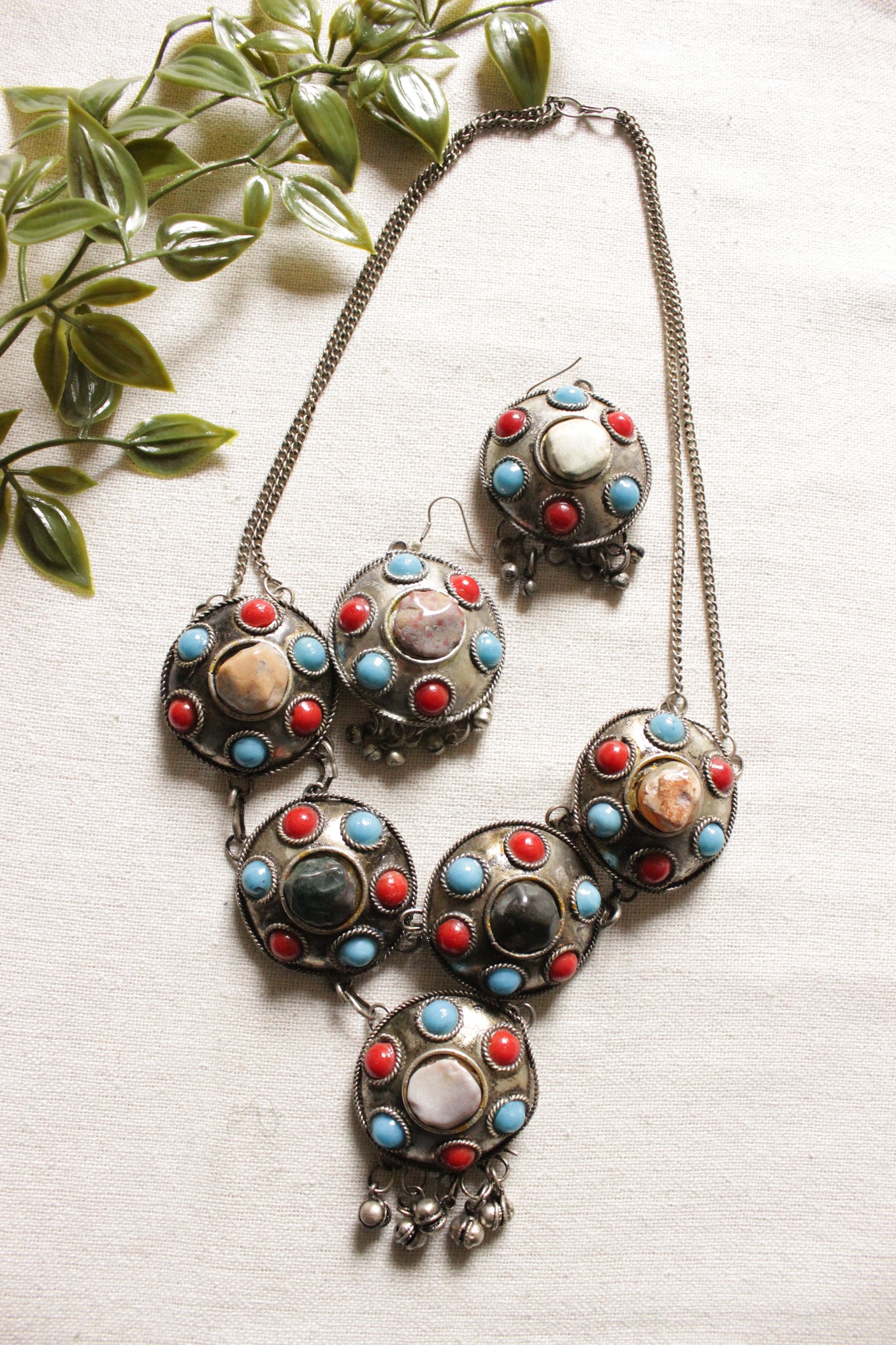 Turquoise and Red Stones Embedded Oxidised Silver Finish Tribal Necklace Set