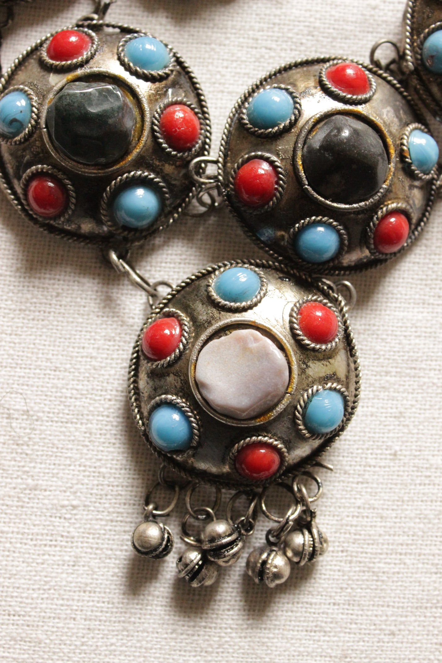 Turquoise and Red Stones Embedded Oxidised Silver Finish Tribal Necklace Set