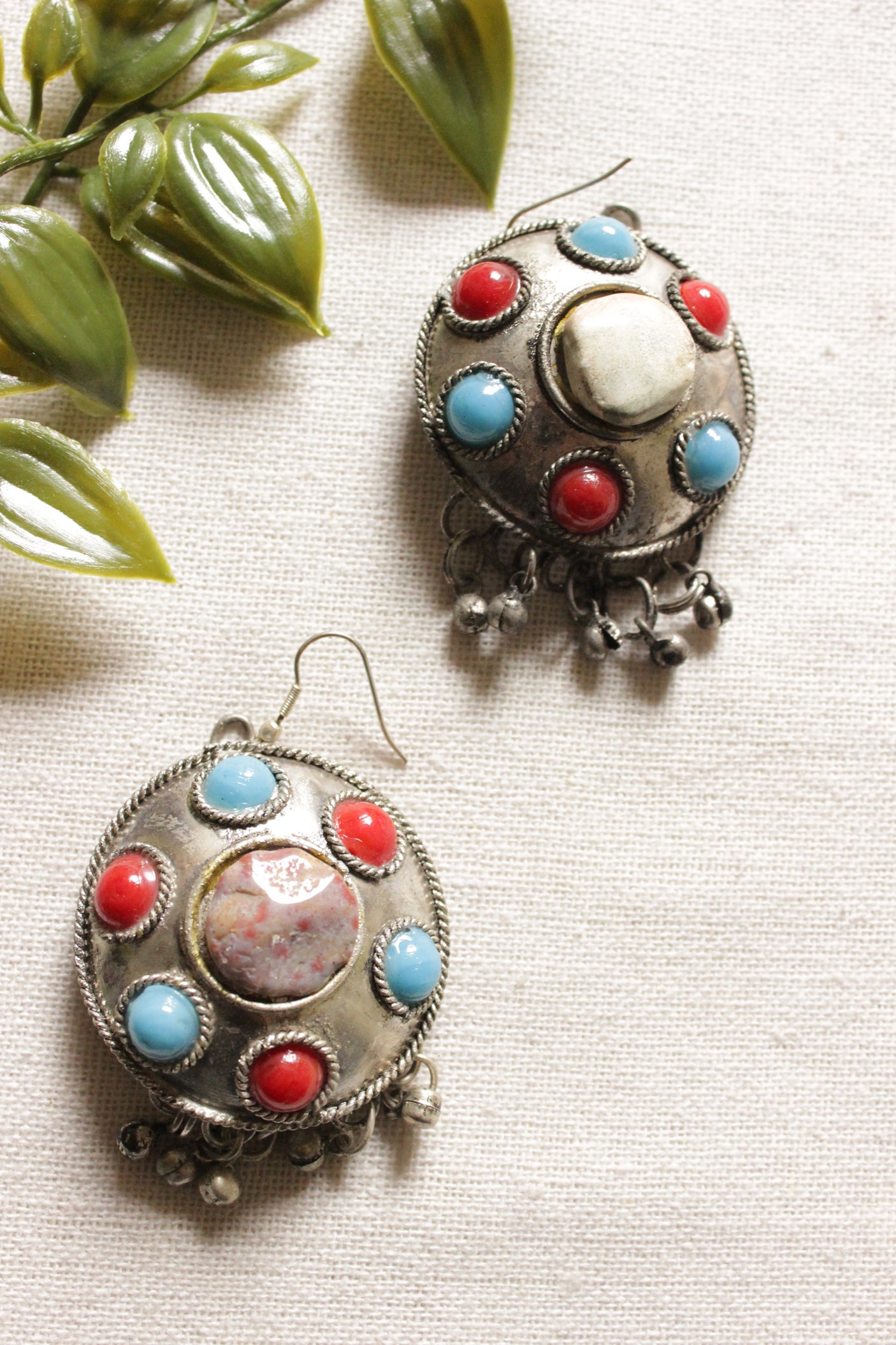 Turquoise and Red Stones Embedded Oxidised Silver Finish Tribal Necklace Set