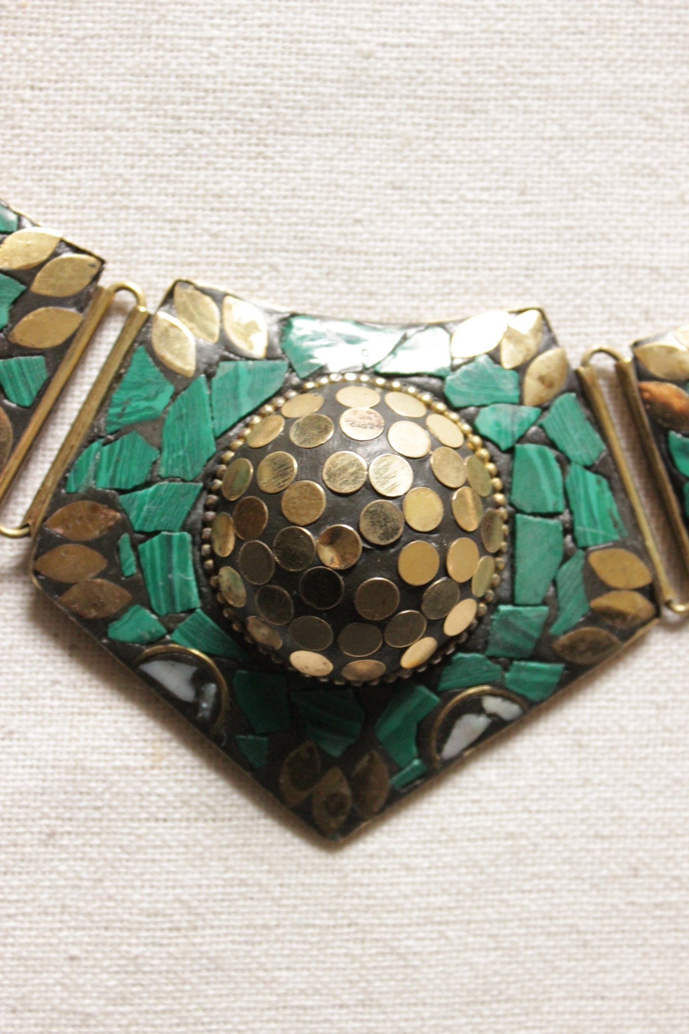 Green and Gold Toned Adjustable Length Elaborate Tibetan Necklace