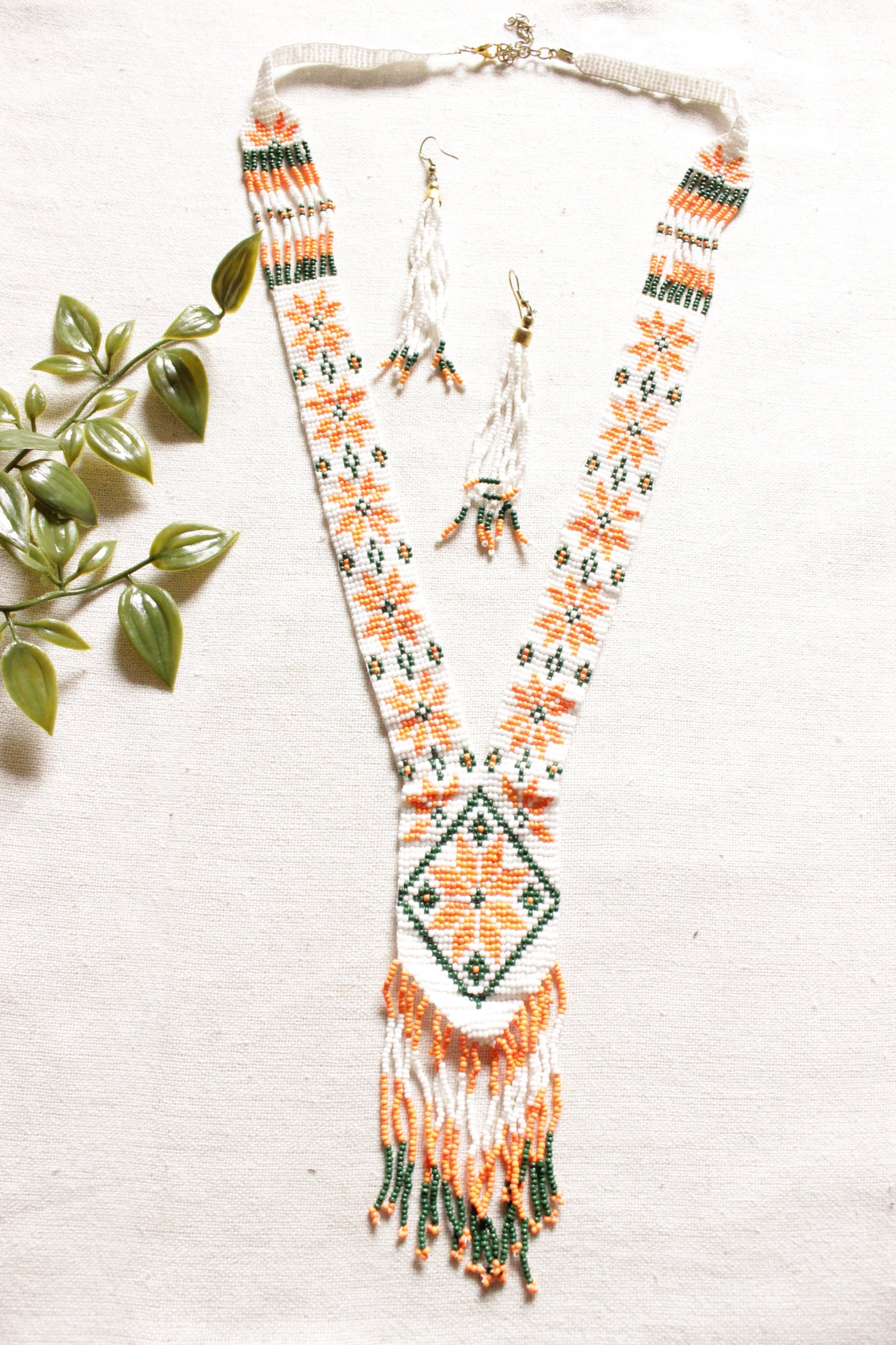 Tri-Color Handmade Long Beaded Necklace Set