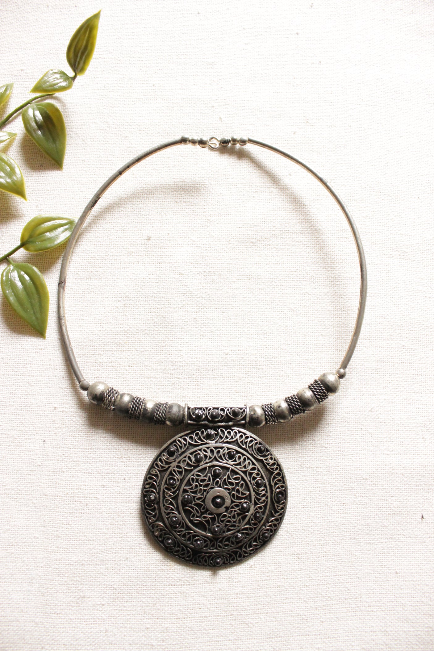 Oxidised Finish Circular Pendant Metal Choker Necklace