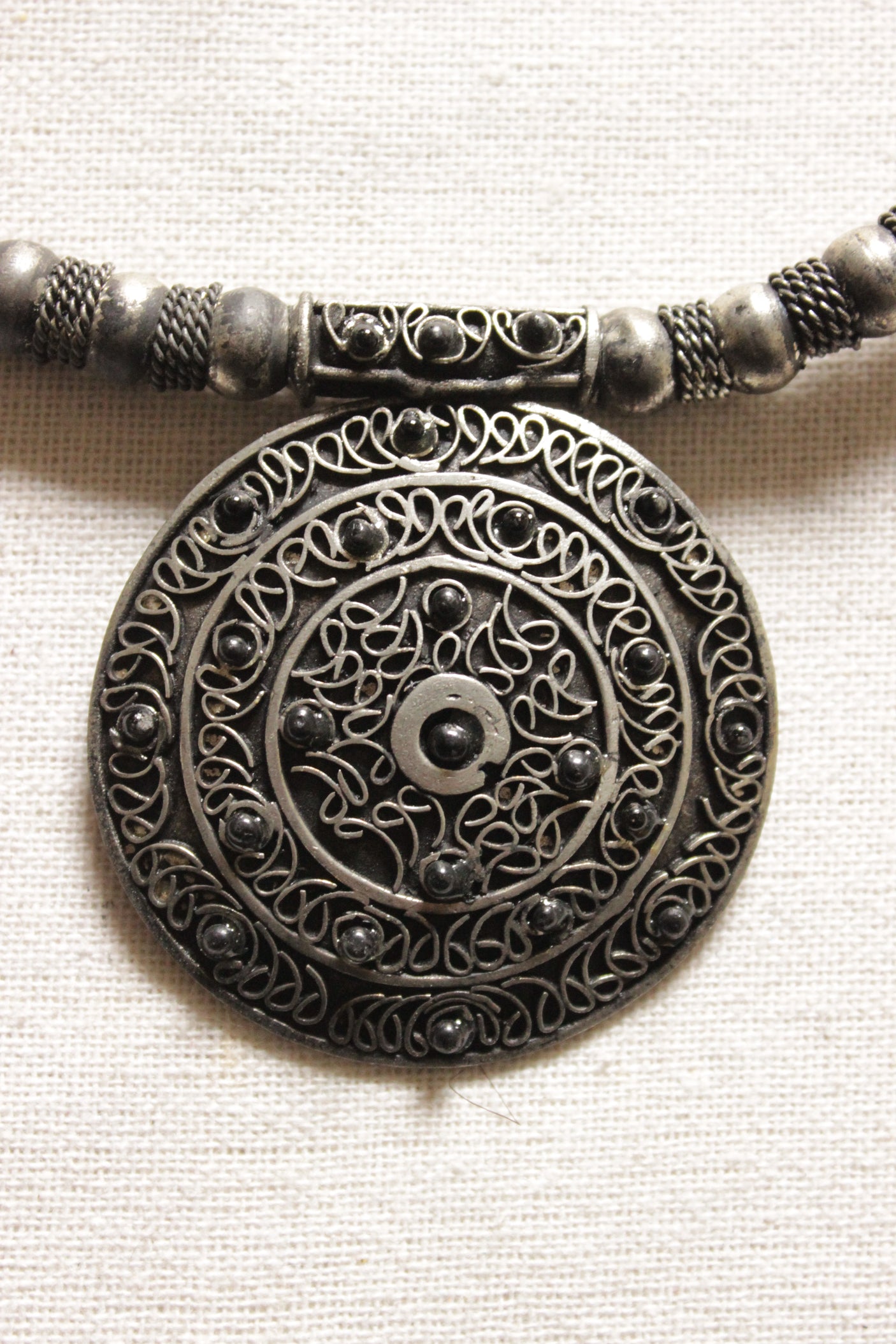 Oxidised Finish Circular Pendant Metal Choker Necklace