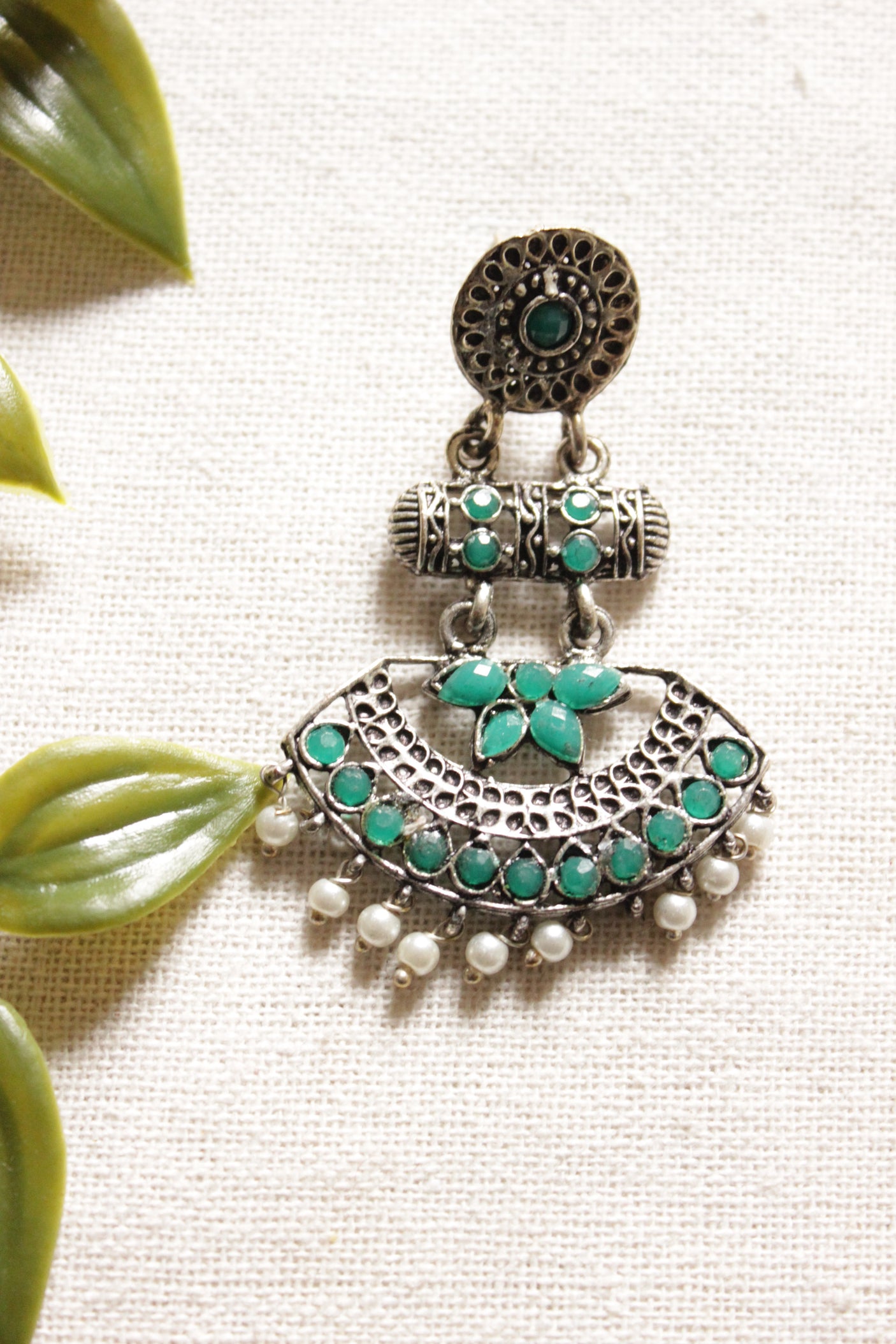 Oxidised Finish Green Stones Embedded Elaborate Ethnic Earrings