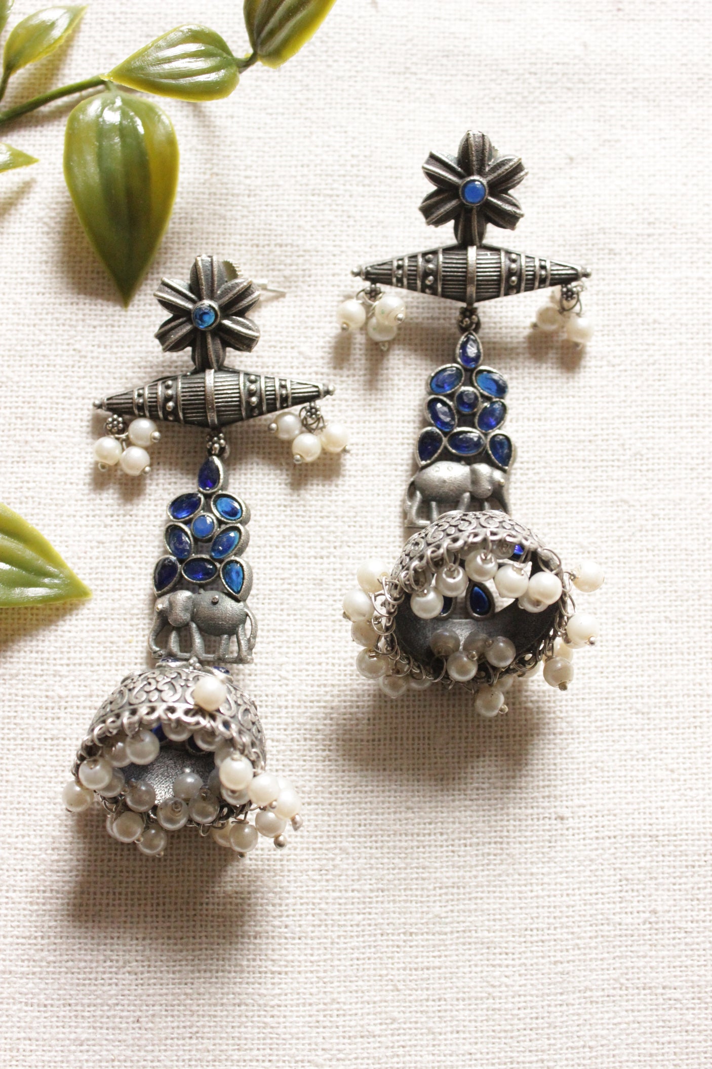 Oxidised Finish Purple Glass Stones Embedded Elephant Motif Ethnic Jhumka Earrings