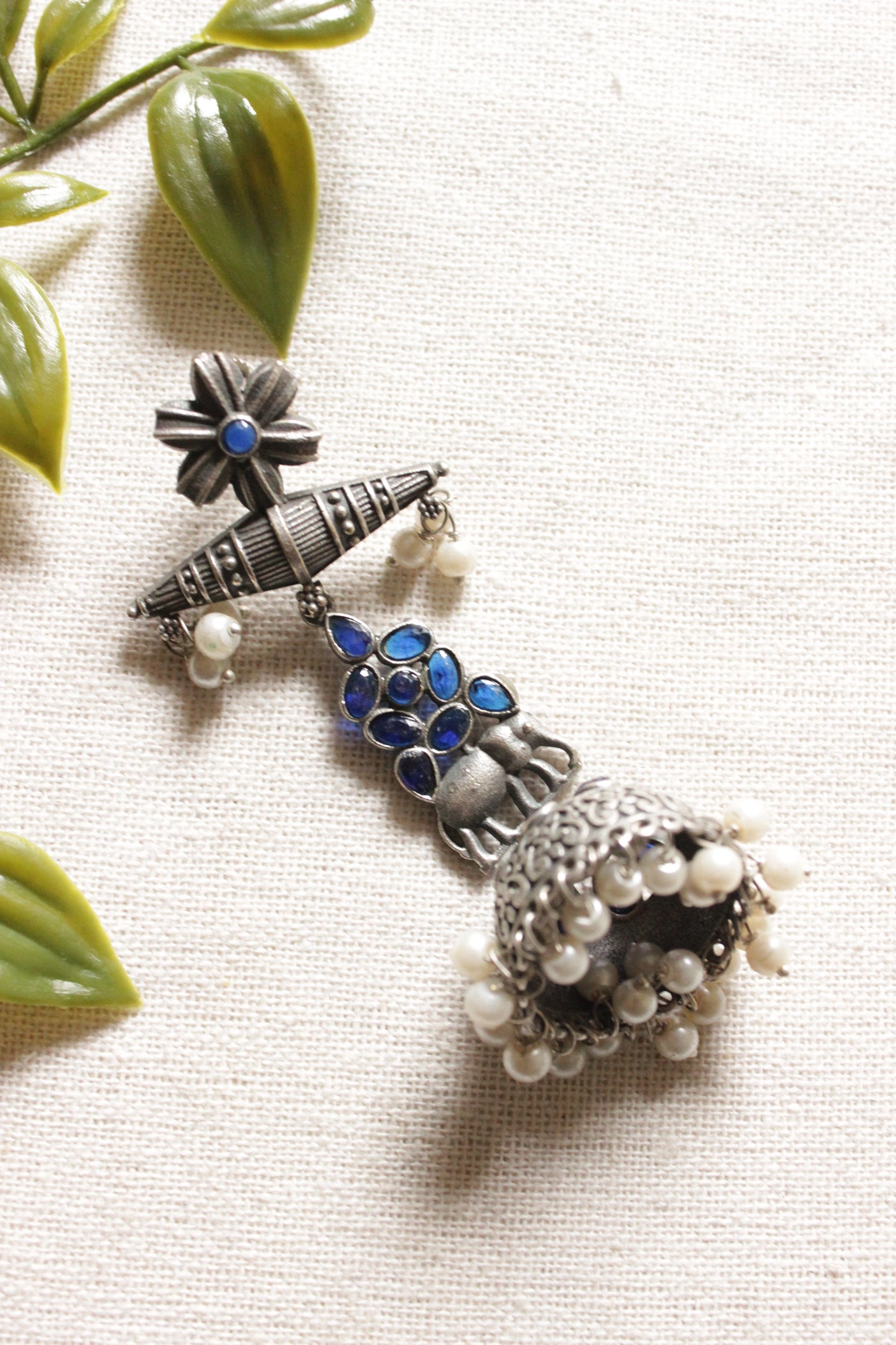 Oxidised Finish Purple Glass Stones Embedded Elephant Motif Ethnic Jhumka Earrings