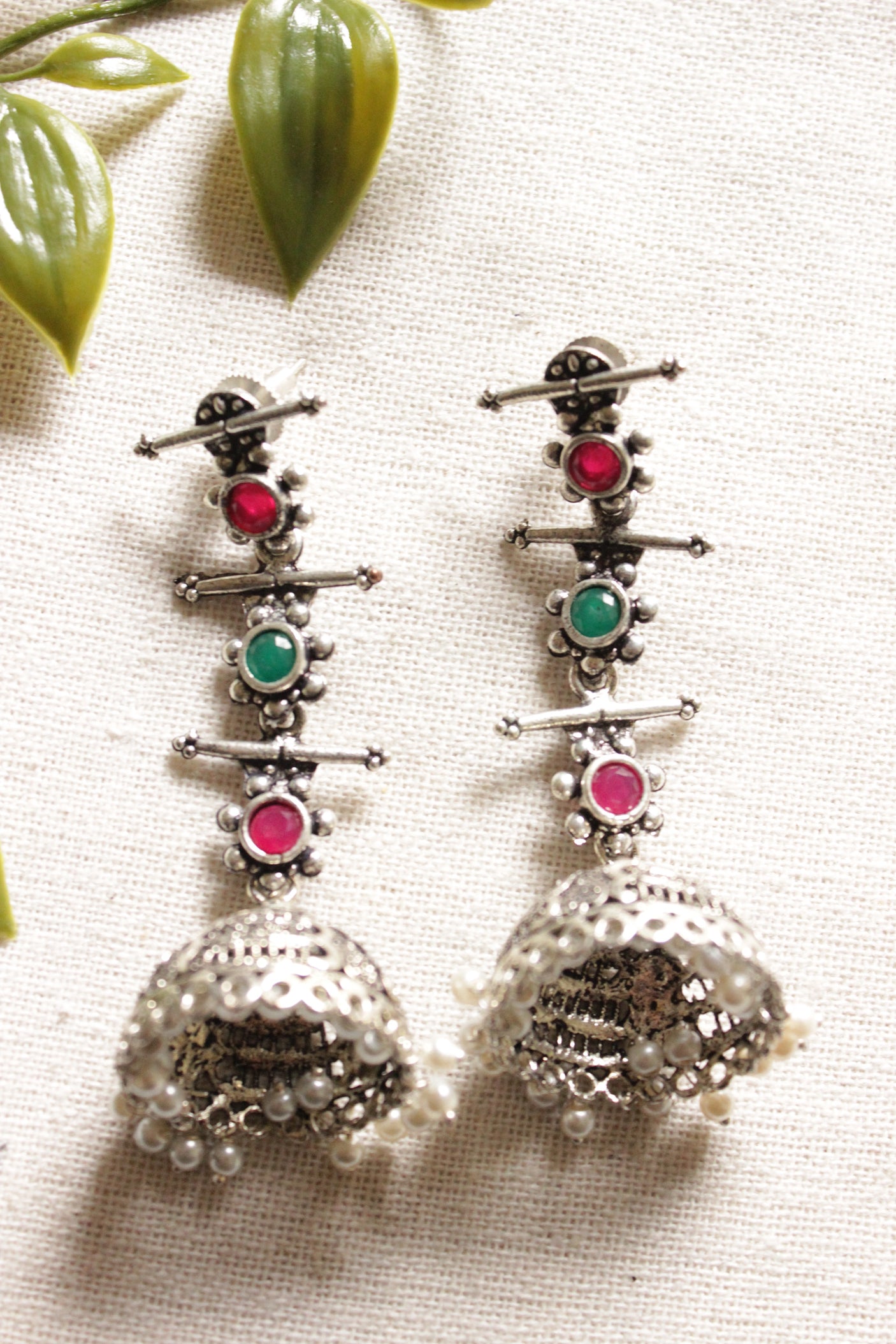 Oxidised Finish Green & Red Glass Stones Embedded Ethnic Jhumka Earrings