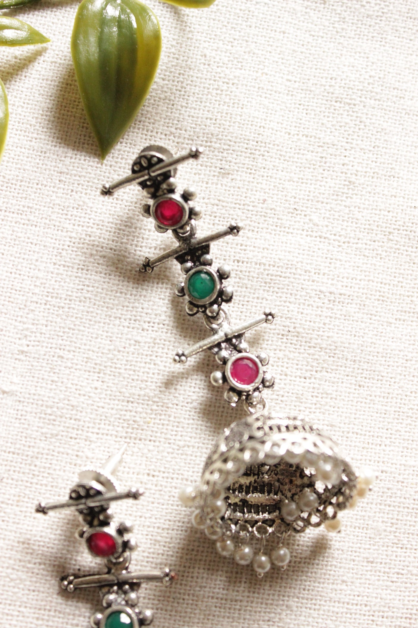 Oxidised Finish Green & Red Glass Stones Embedded Ethnic Jhumka Earrings