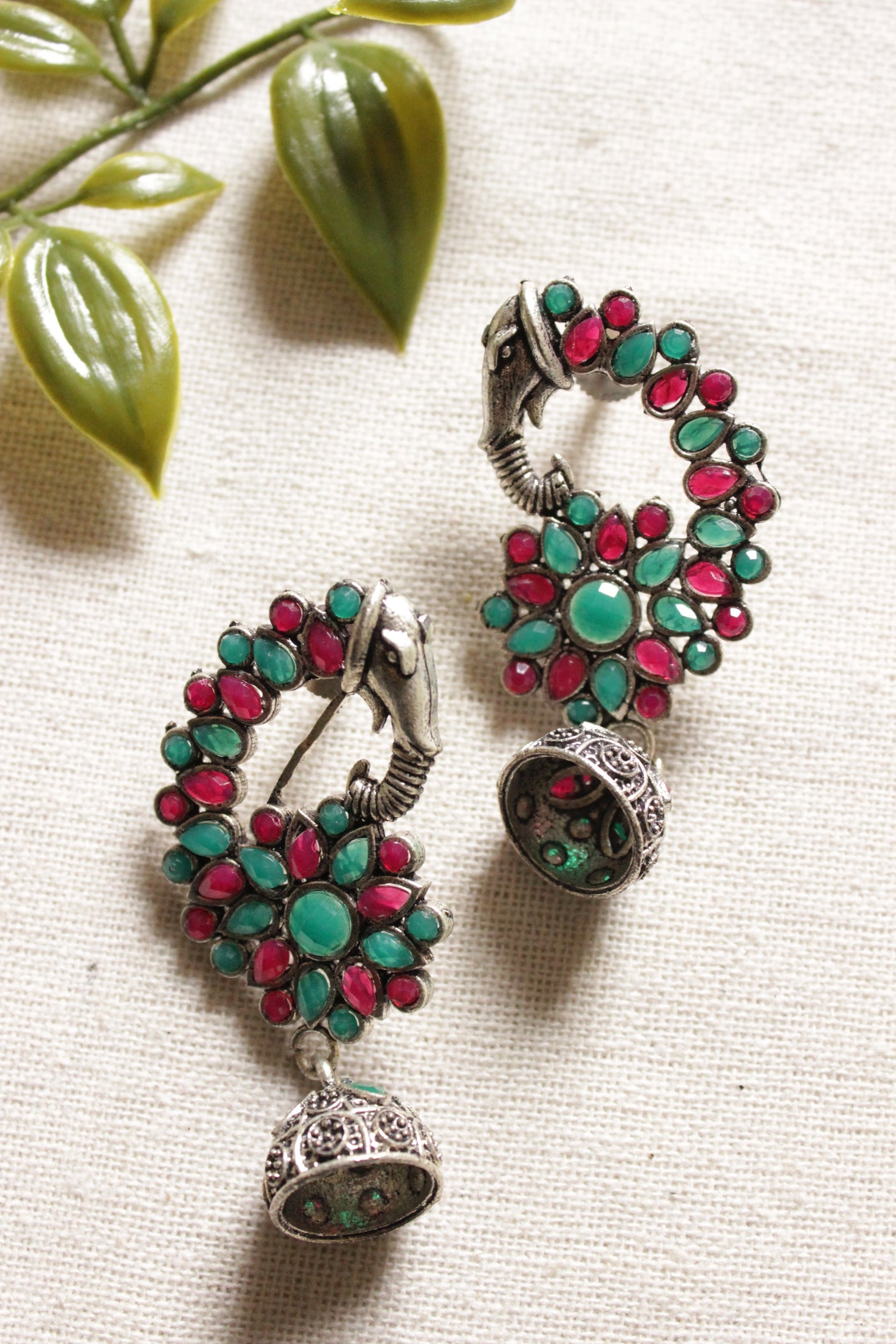 Oxidised Finish Green & Red Glass Stones Embedded Peacock Shape Ethnic Jhumka Earrings