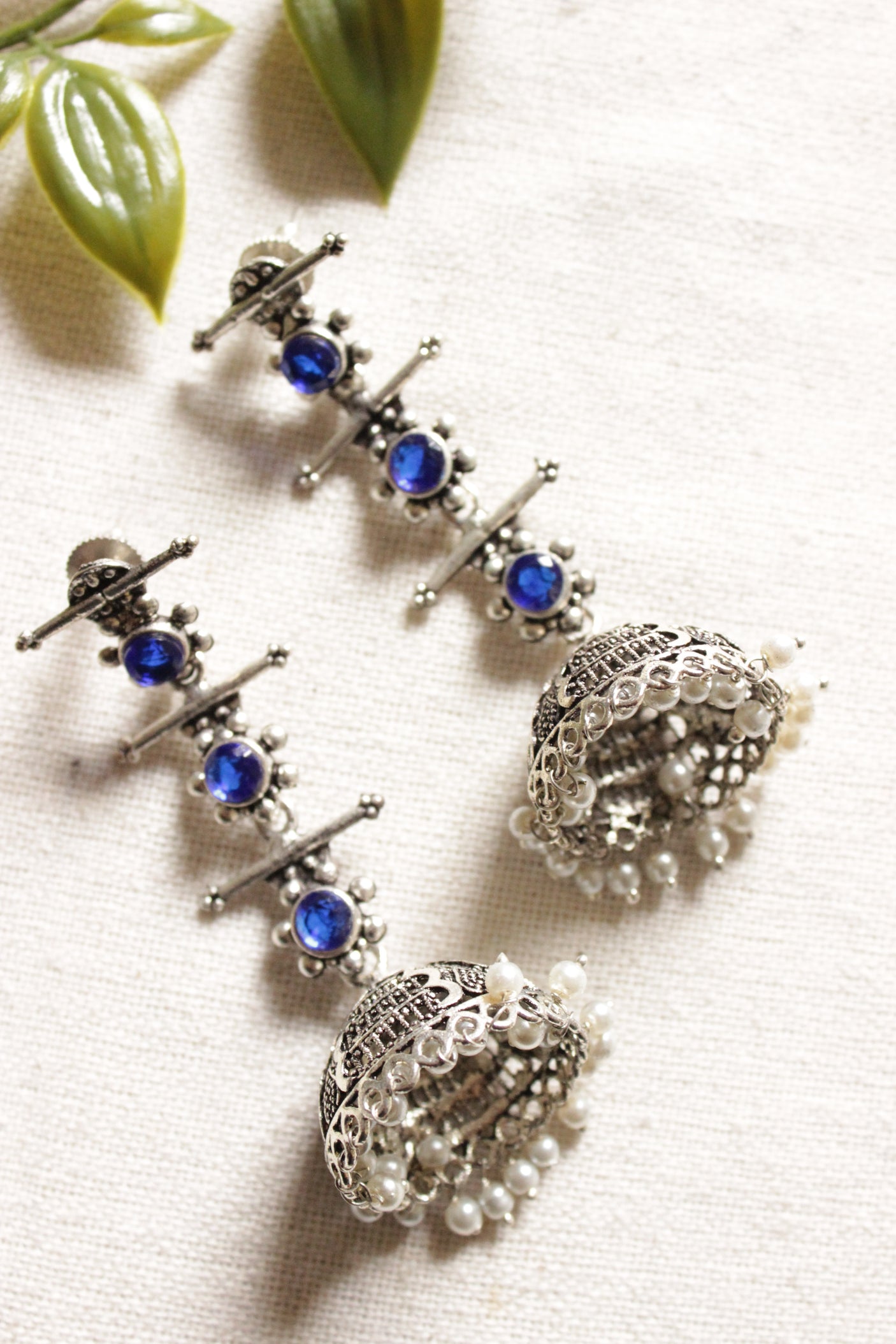 Oxidised Finish Purple Glass Stones Embedded Ethnic Long Jhumka Earrings