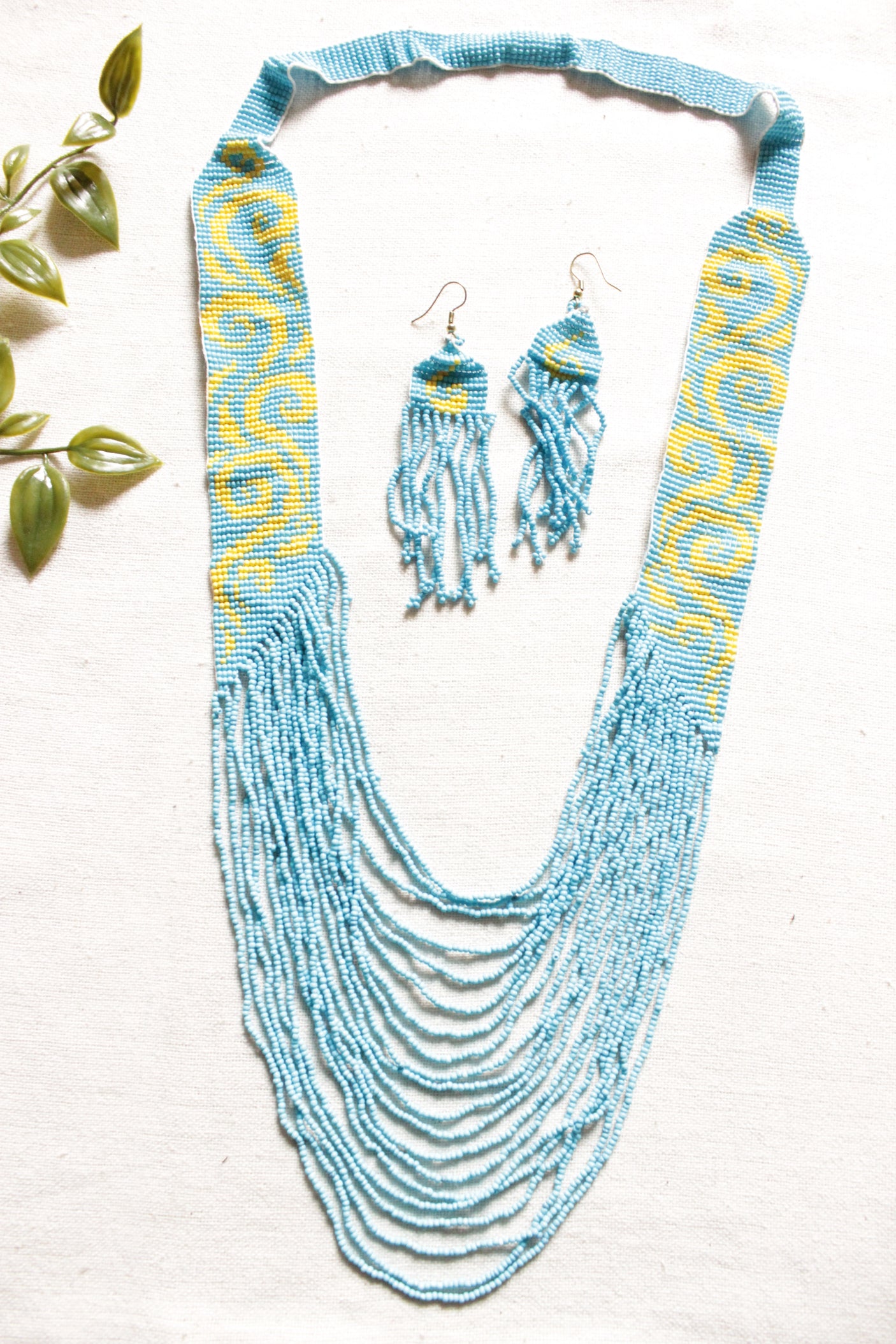 Sky Blue and Yellow Handmade Beaded Long Necklace Set
