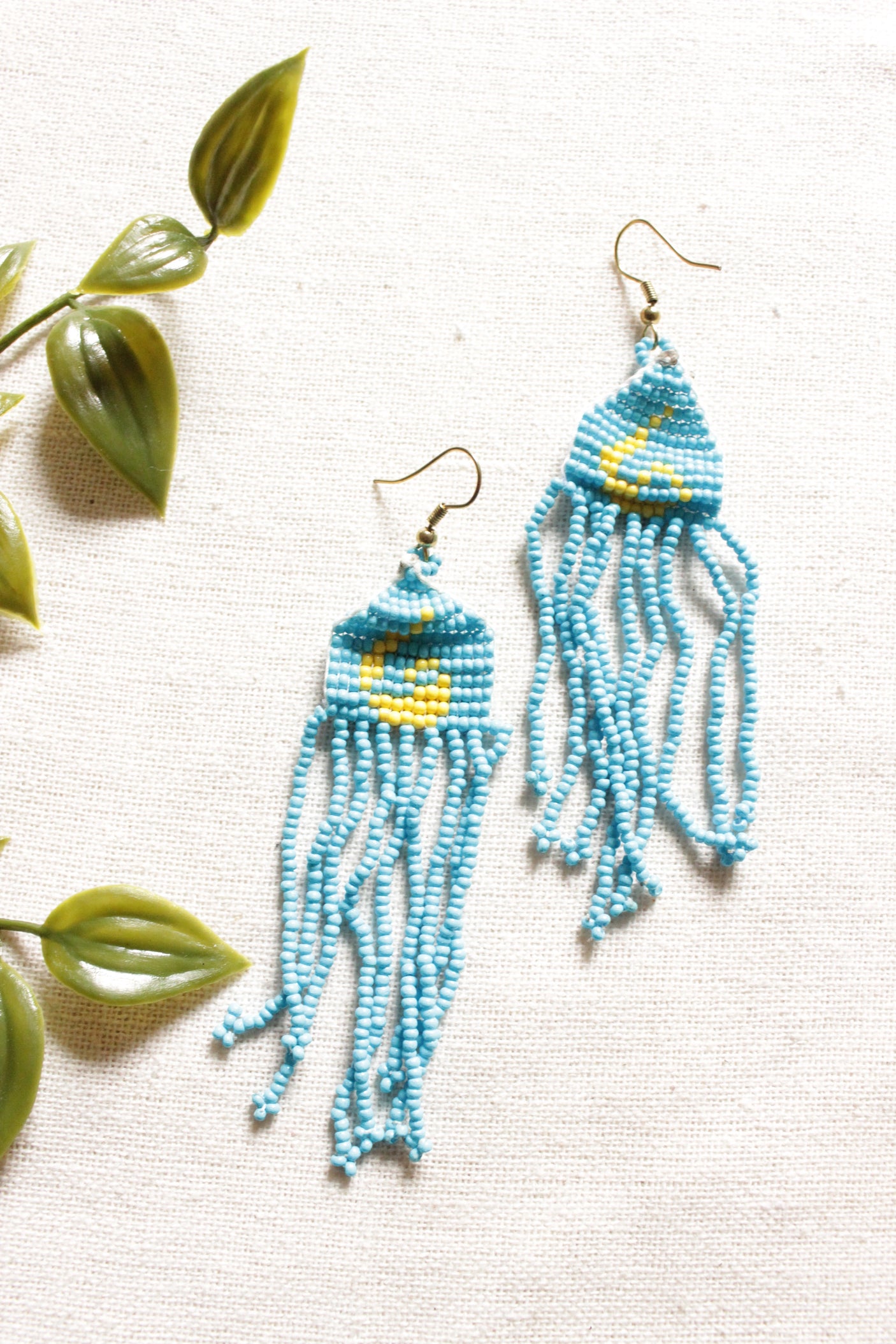 Sky Blue and Yellow Handmade Beaded Long Necklace Set