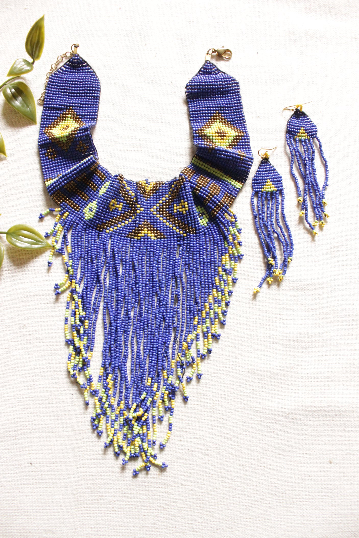 Purple and Yellow Handmade Beaded Collar Choker Style Necklace Set