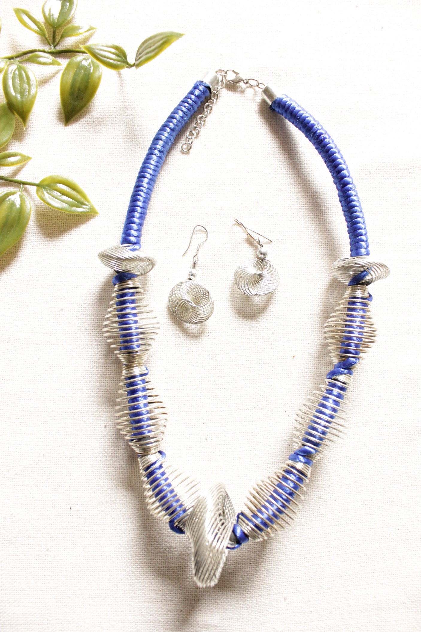 Metal Wire Braided Around Thread Necklace Blue Contemporary Necklace Set