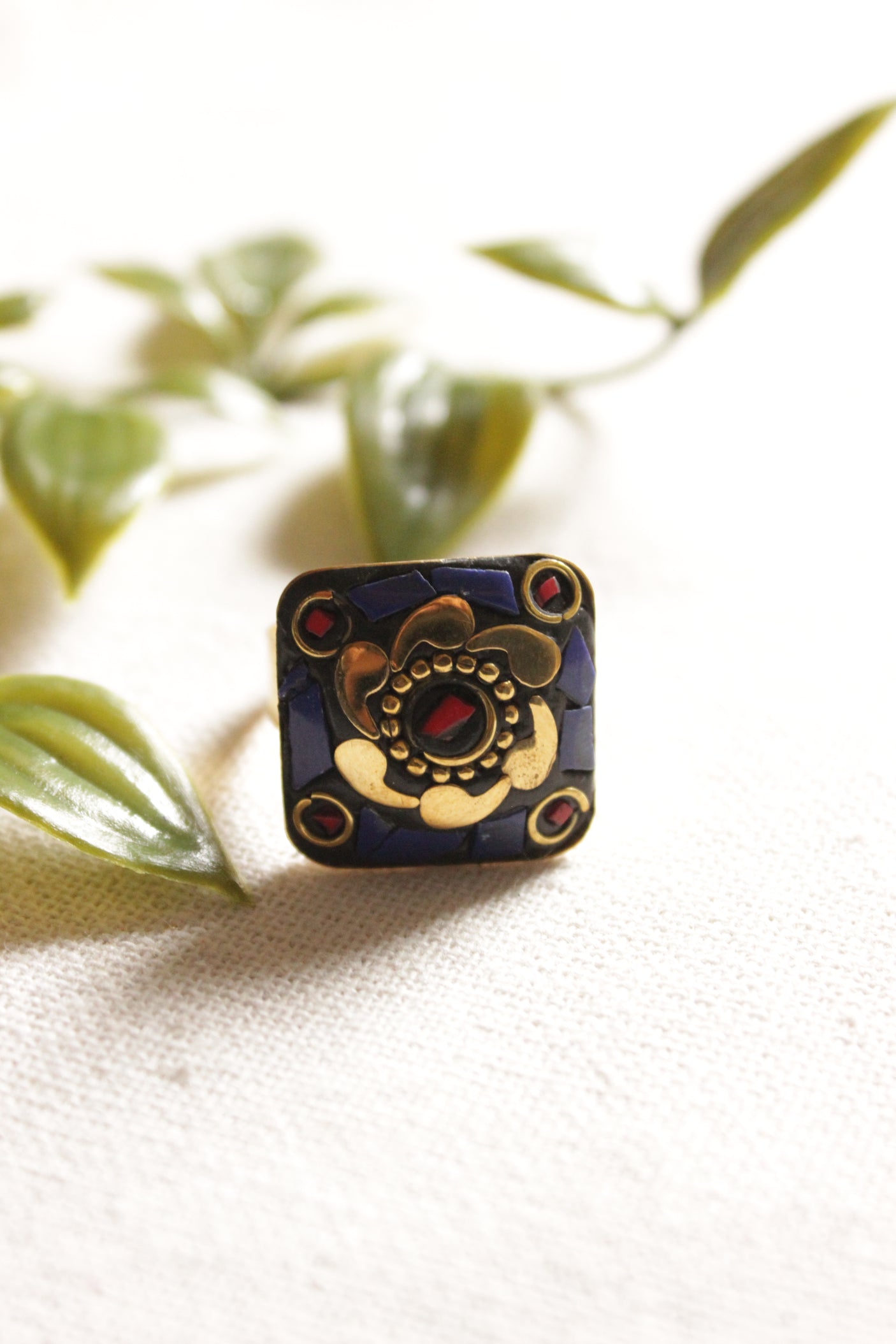 Violet and Black Gold Toned Adjustable Tibetan Ring