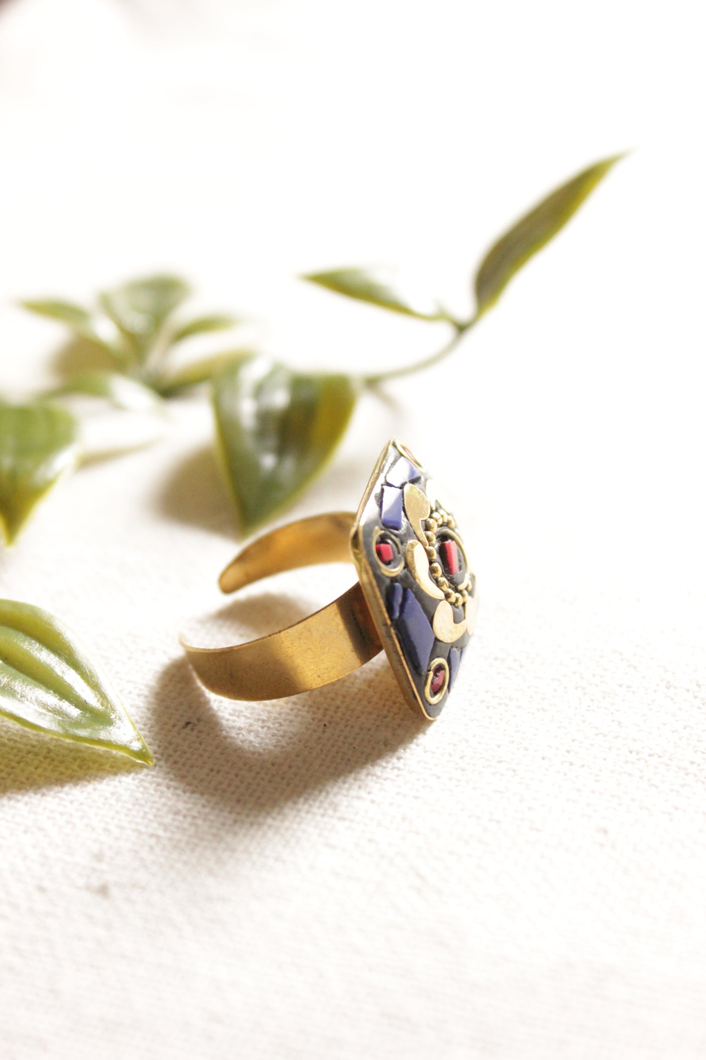 Violet and Black Gold Toned Adjustable Tibetan Ring