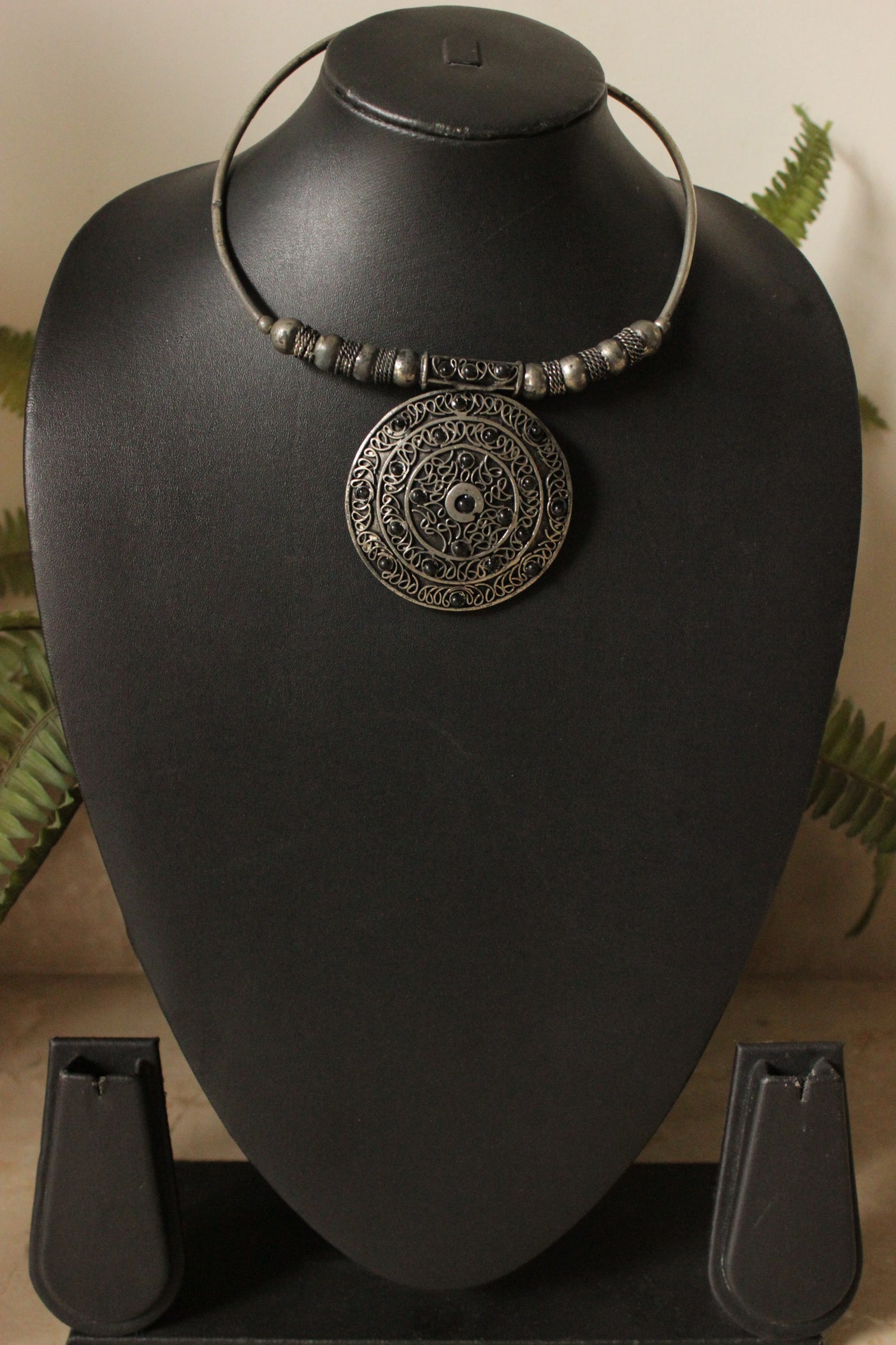 Oxidised Finish Circular Pendant Metal Choker Necklace