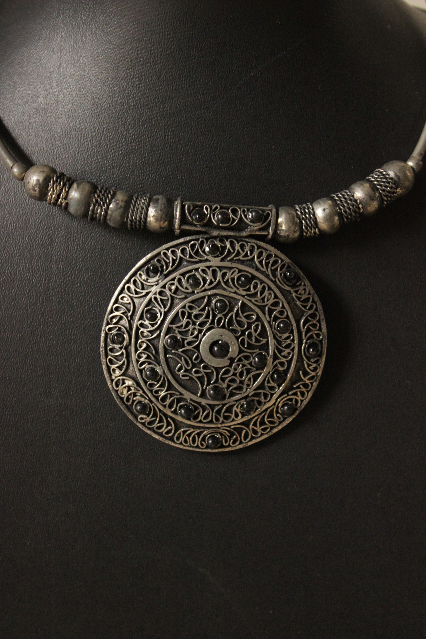 Oxidised Finish Circular Pendant Metal Choker Necklace