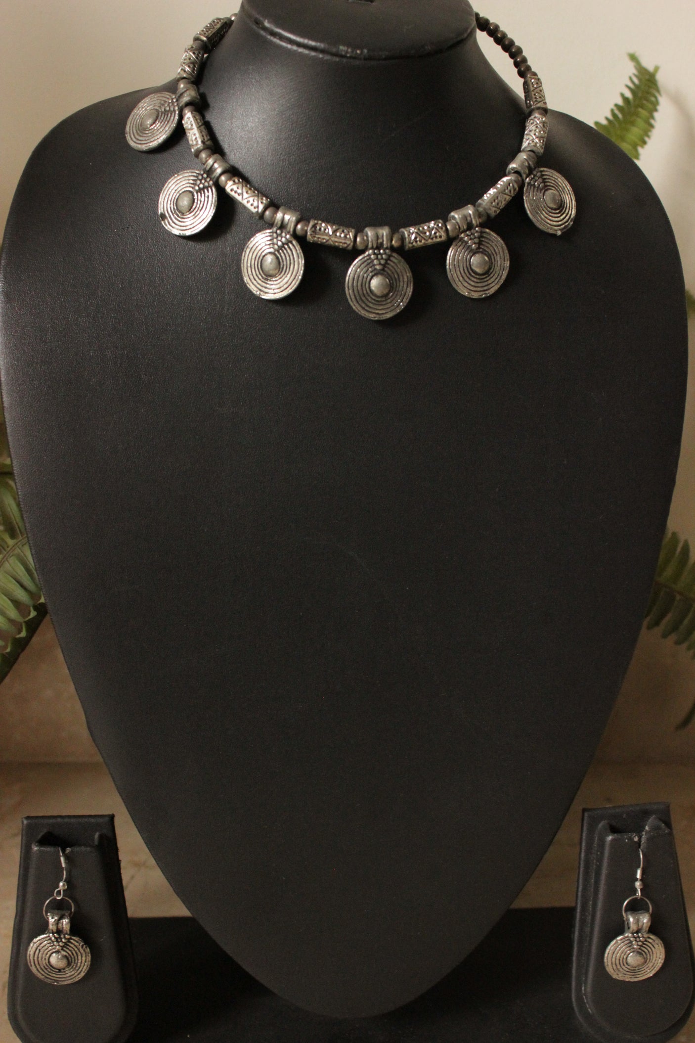 Spiral Metal Charms Embellished Oxidised Silver Finish Choker Necklace