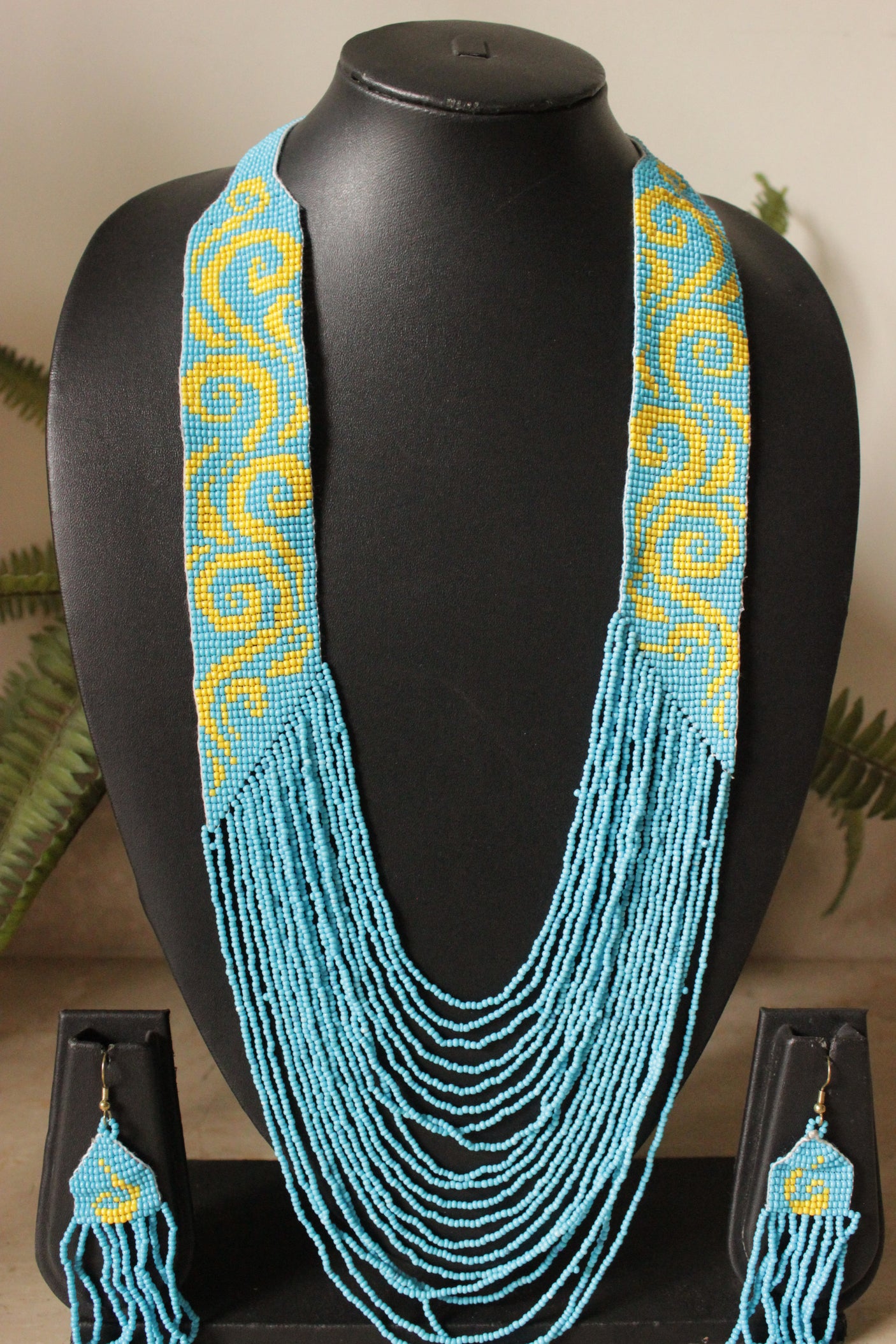 Sky Blue and Yellow Handmade Beaded Long Necklace Set