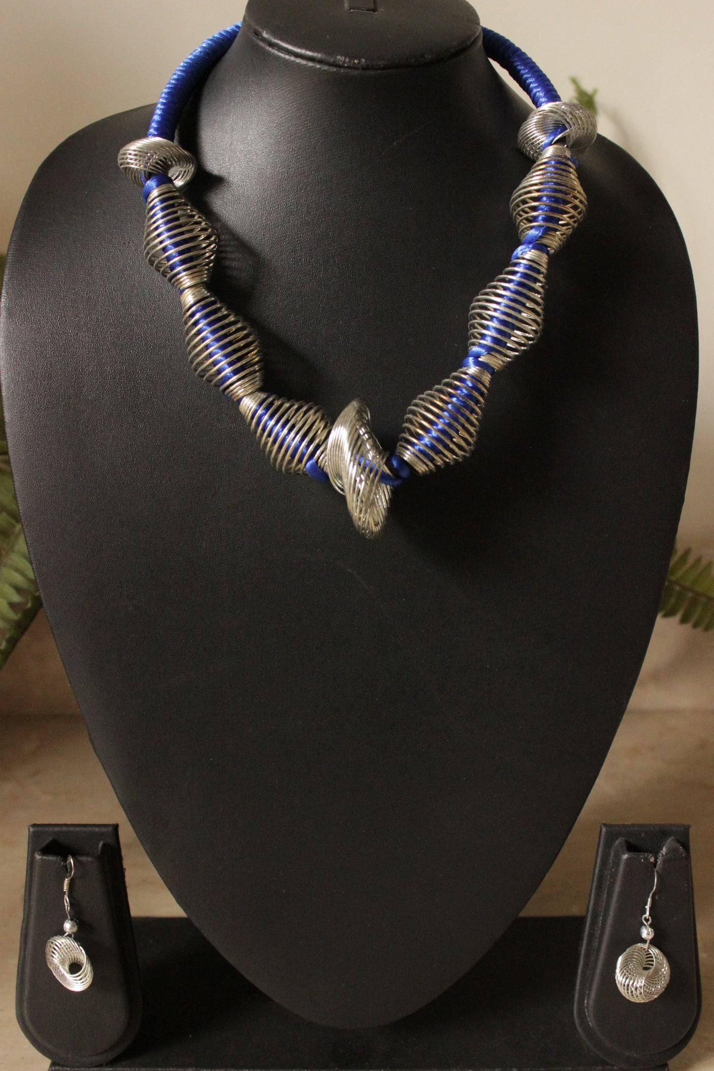 Metal Wire Braided Around Thread Necklace Blue Contemporary Necklace Set